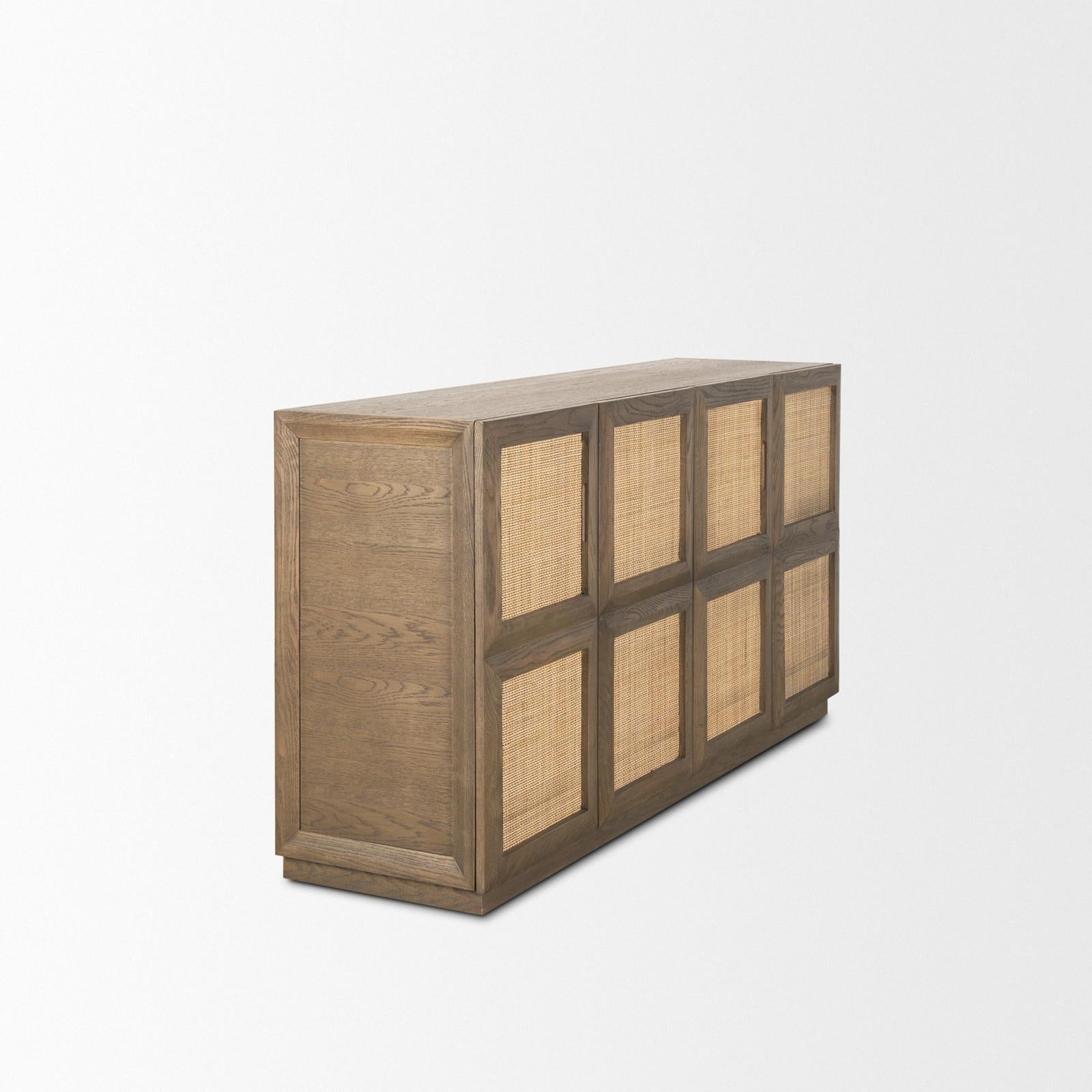 Mercana Sina Brown Oak Wood w/ Natural Rattan 4 Door Sideboard Clearance