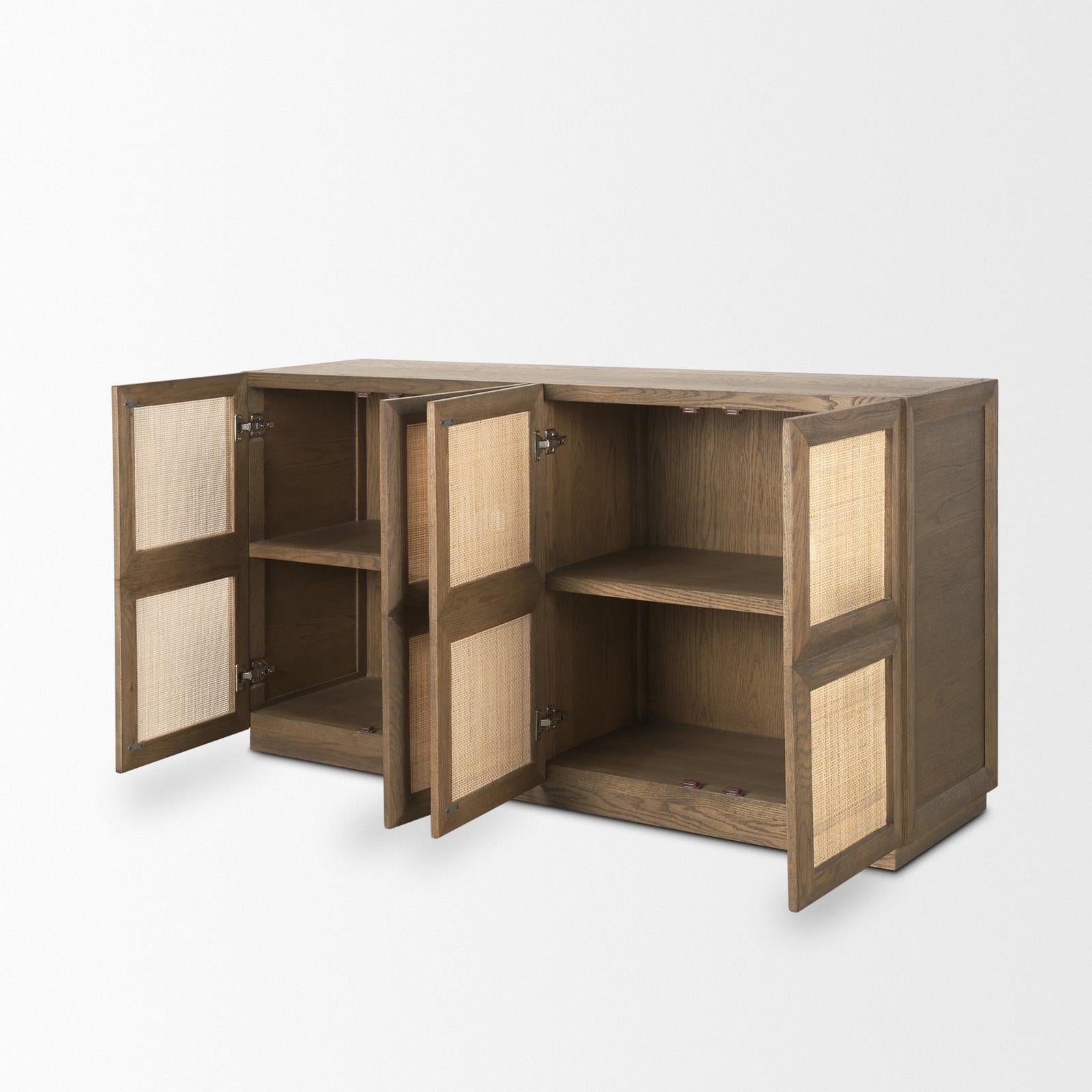 Mercana Sina Brown Oak Wood w/ Natural Rattan 4 Door Sideboard Clearance