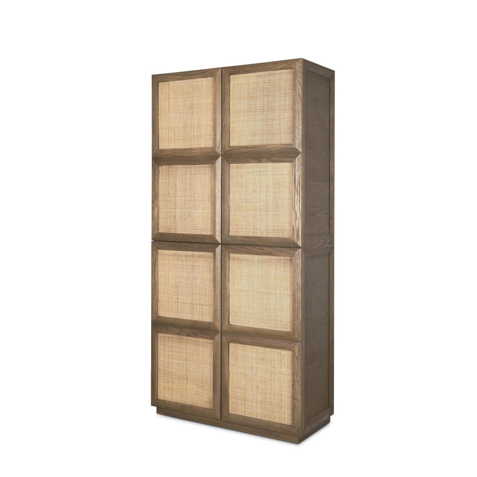 Mercana Sina Brown Oak Wood w/ Natural Rattan 2 Door Curio Cabinet Clearance