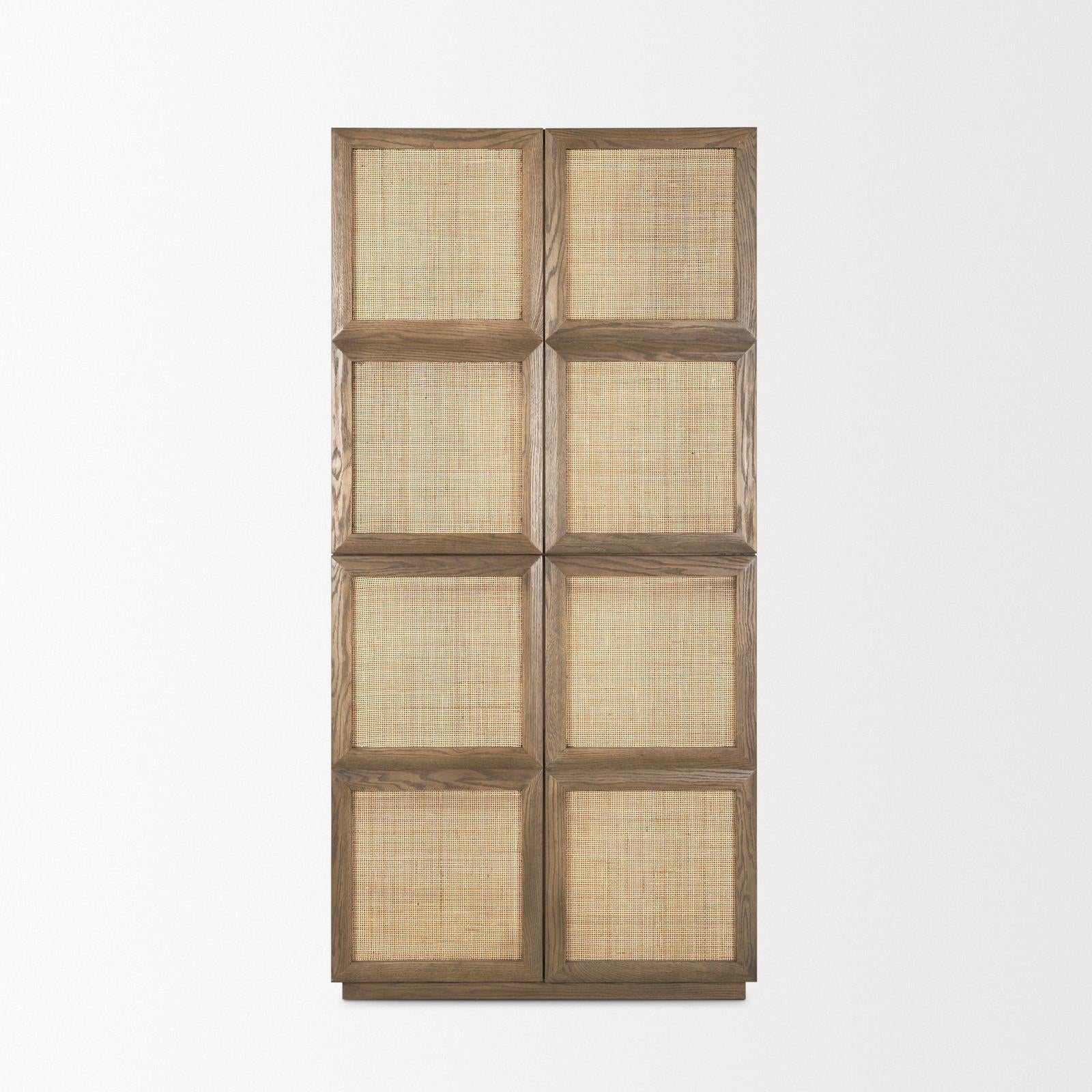 Mercana Sina Brown Oak Wood w/ Natural Rattan 2 Door Curio Cabinet Clearance
