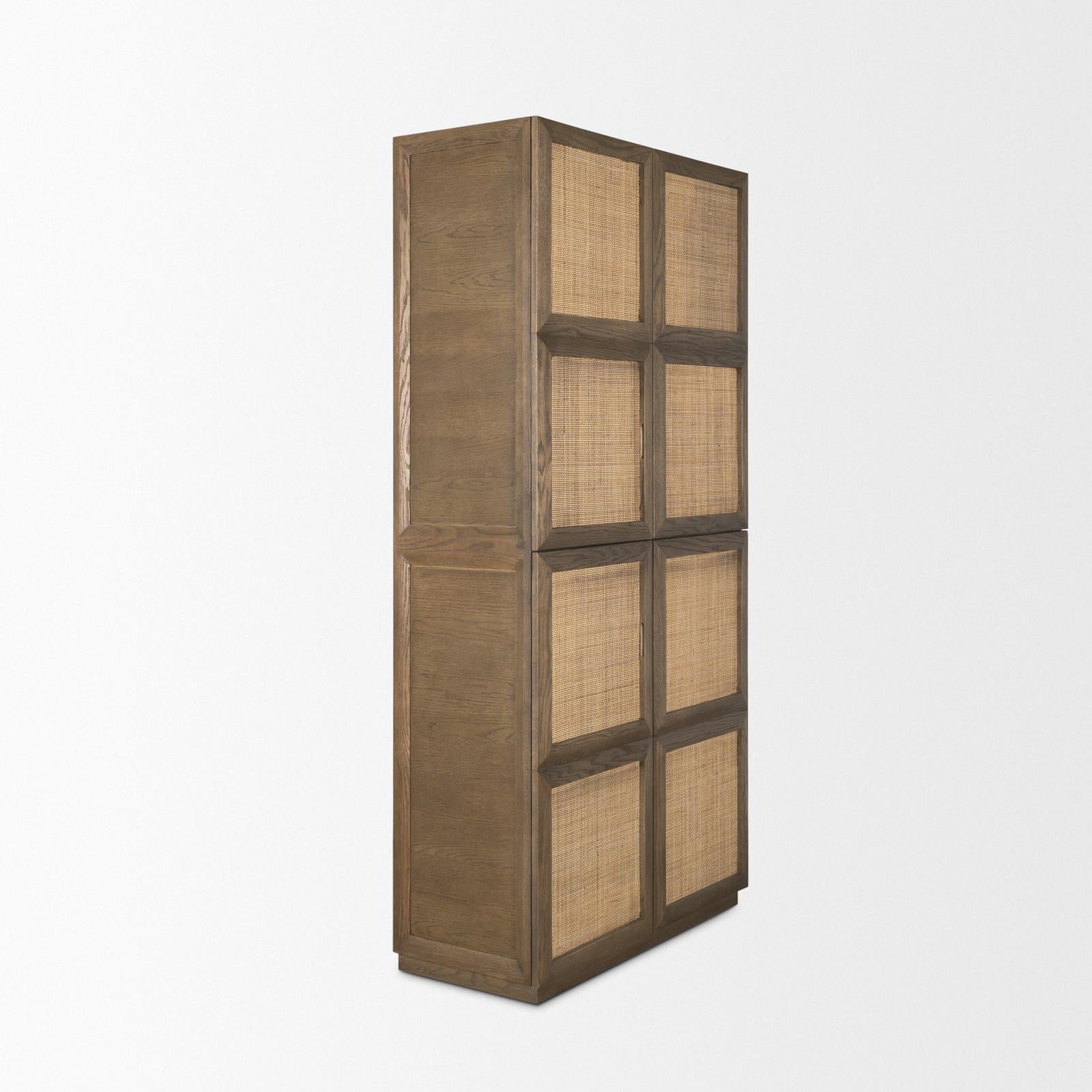 Mercana Sina Brown Oak Wood w/ Natural Rattan 2 Door Curio Cabinet Clearance