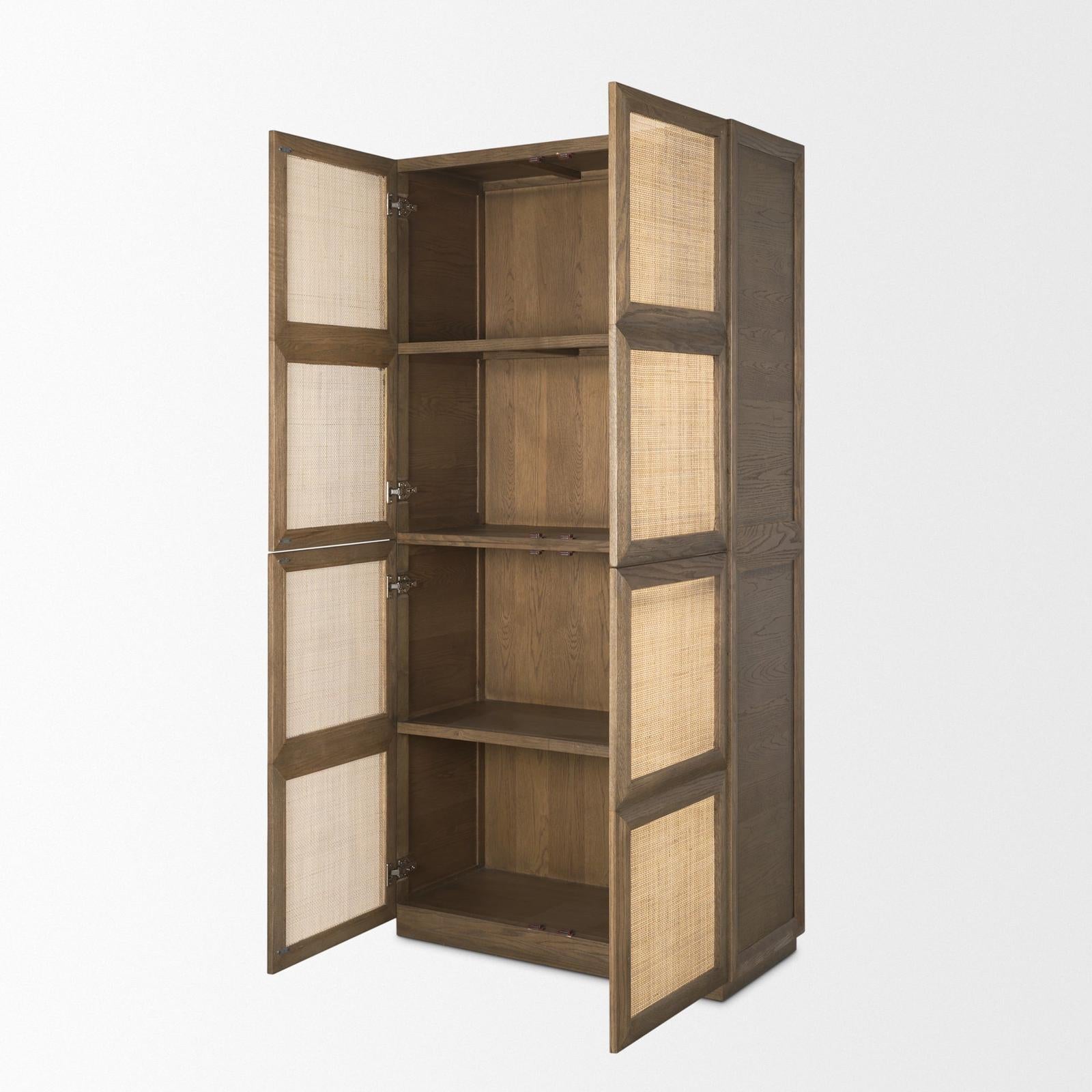 Mercana Sina Brown Oak Wood w/ Natural Rattan 2 Door Curio Cabinet Clearance