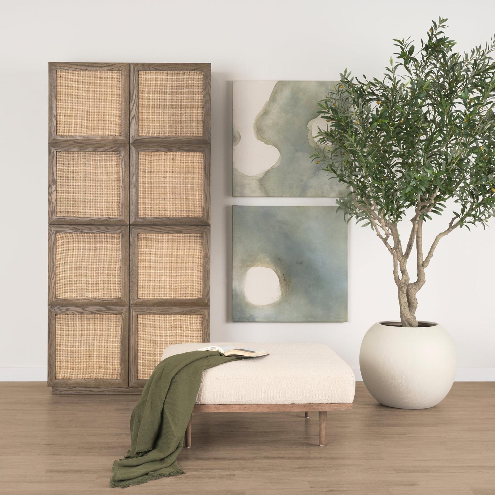 Mercana Shae Brown Wood w/ Oatmeal Fabric Ottoman