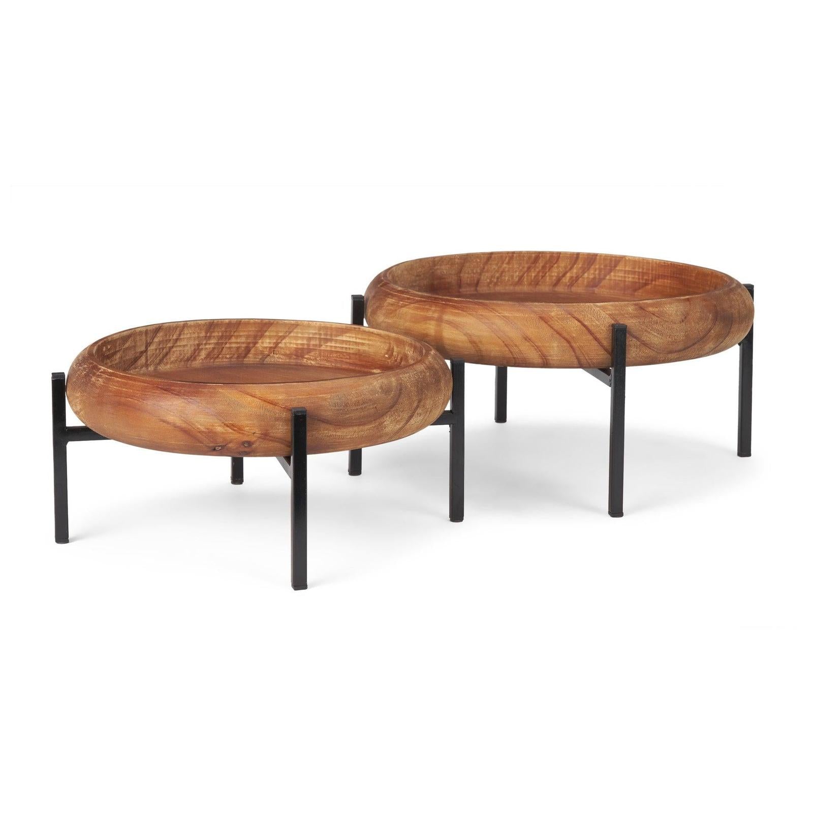 Mercana Wally Round Medium Brown Wood w/ Matte Black Metal Stand Trays