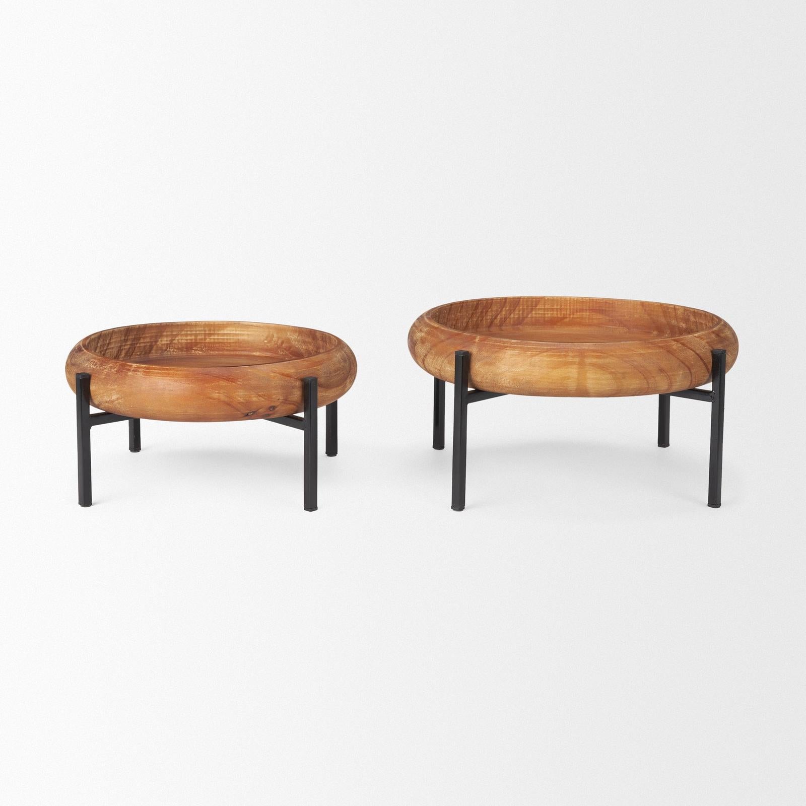 Mercana Wally Round Medium Brown Wood w/ Matte Black Metal Stand Trays