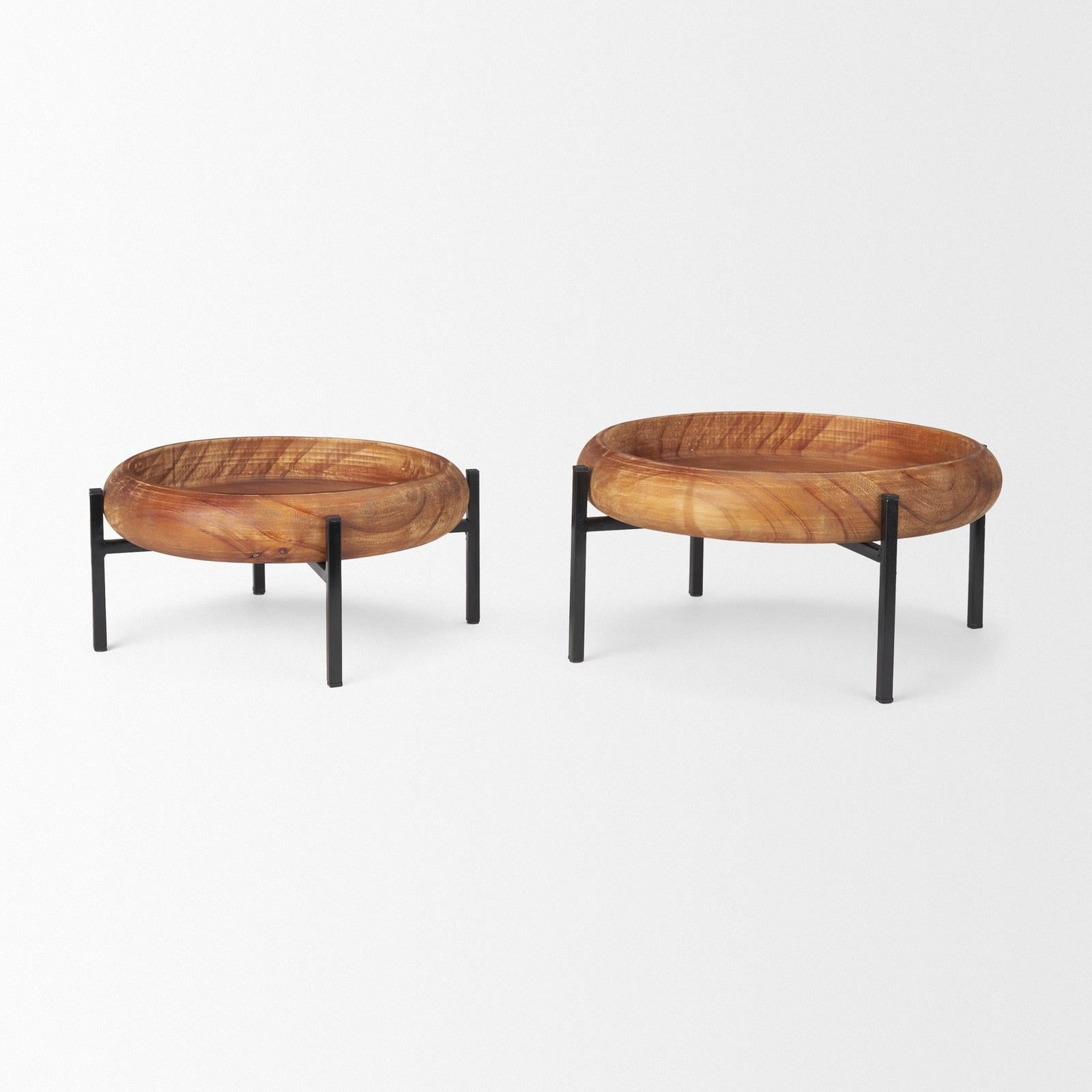Mercana Wally Round Medium Brown Wood w/ Matte Black Metal Stand Trays