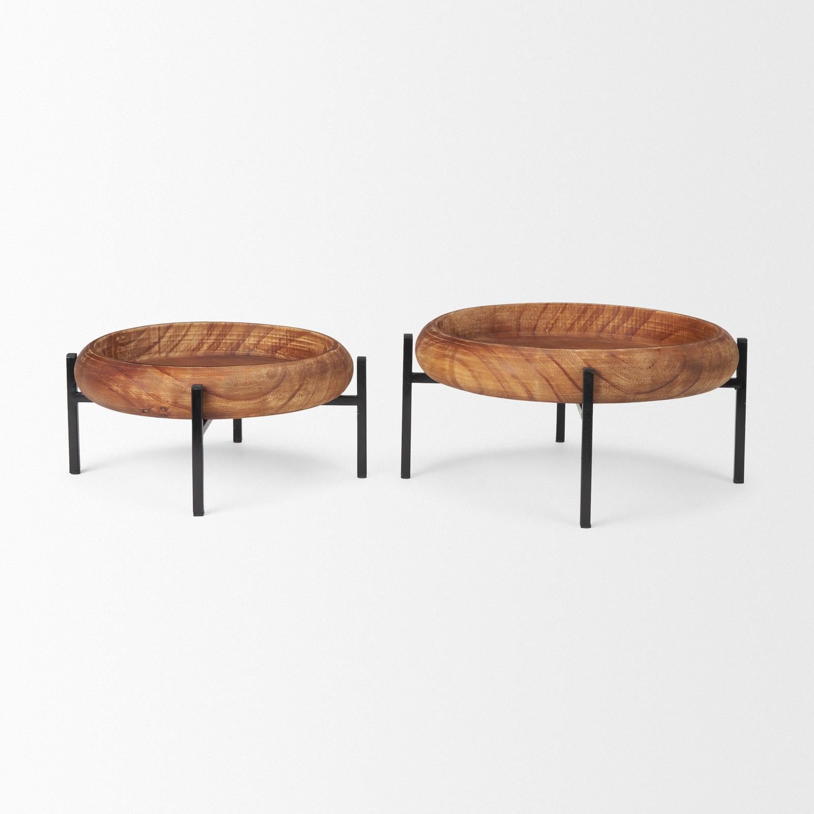 Mercana Wally Round Medium Brown Wood w/ Matte Black Metal Stand Trays