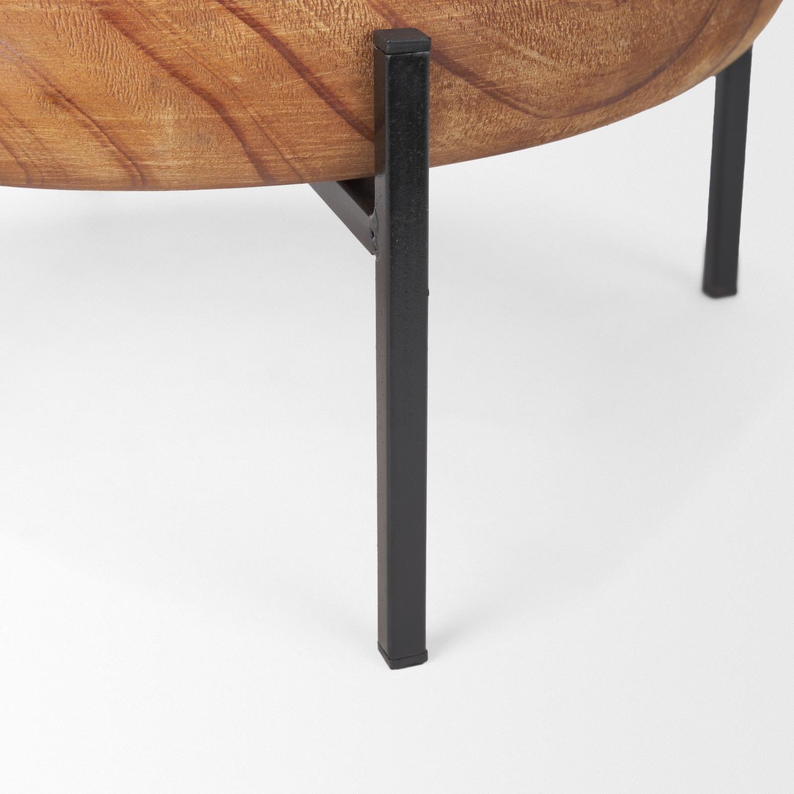 Mercana Wally Round Medium Brown Wood w/ Matte Black Metal Stand Trays