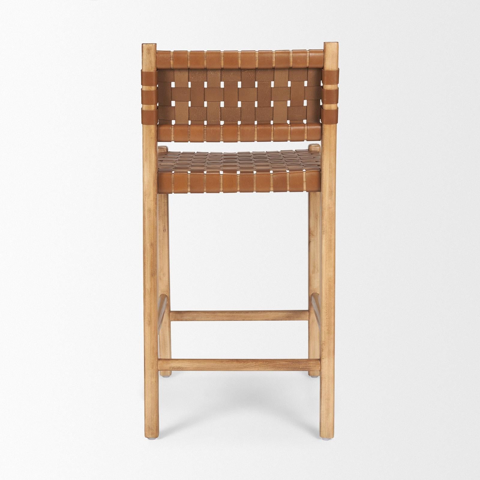 Mercana Shane Brown Wood w/ Woven Brown Leather Counter Stool Clearance