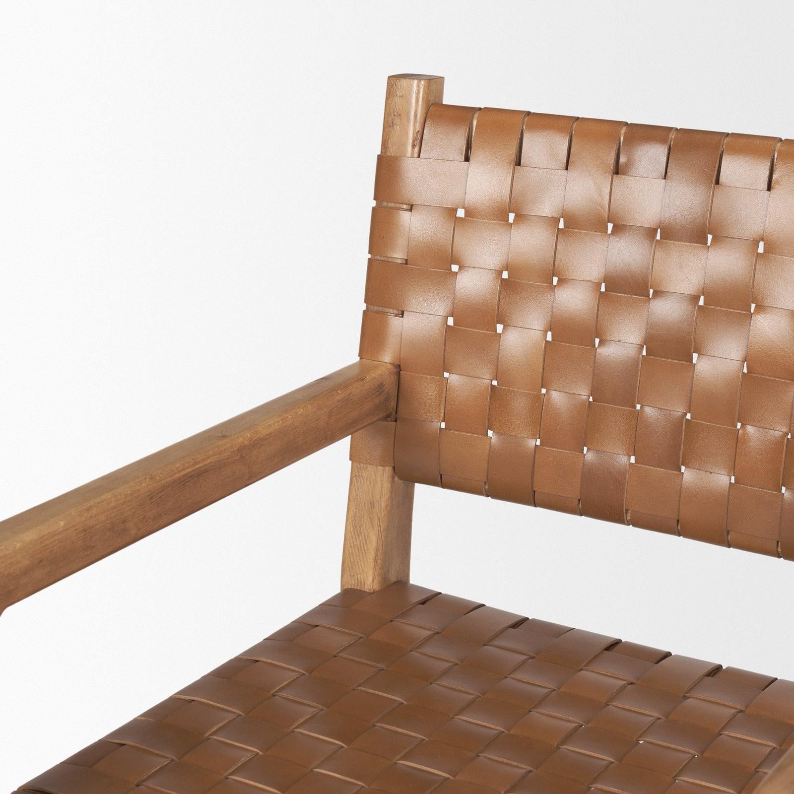 Mercana Shane Brown Wood w/ Woven Brown Leather Dining Armchair