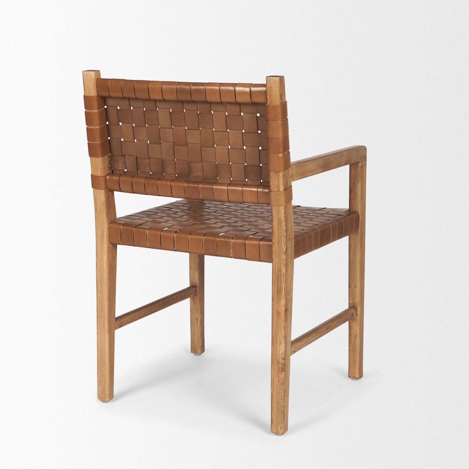 Mercana Shane Brown Wood w/ Woven Brown Leather Dining Armchair