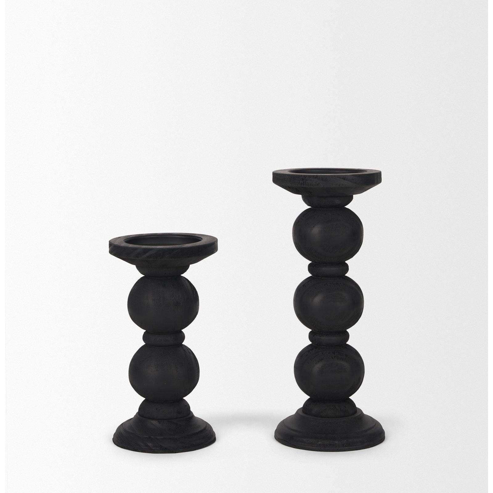 Mercana Wanda Matte Black Wood Pillar Candle Holders - Set of 2 Clearance