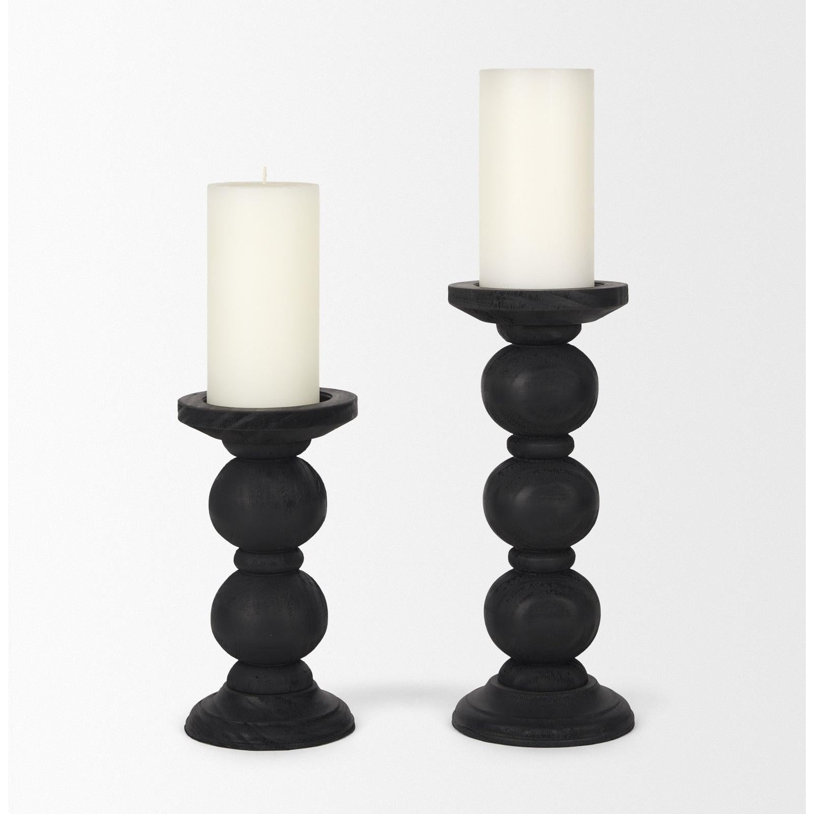 Mercana Wanda Matte Black Wood Pillar Candle Holders - Set of 2 Clearance