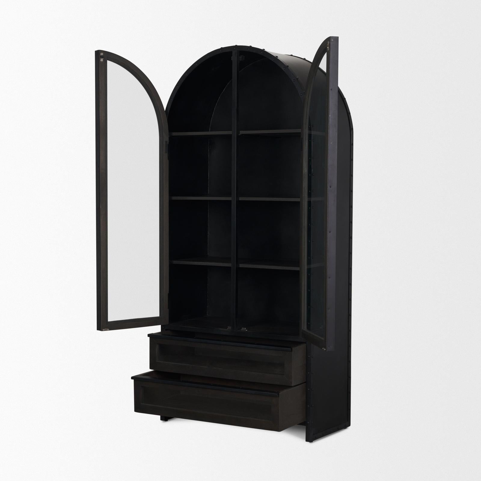 Mercana Gehry Dark Brown Metal Brown Wood and Glass Door Display Cabinet