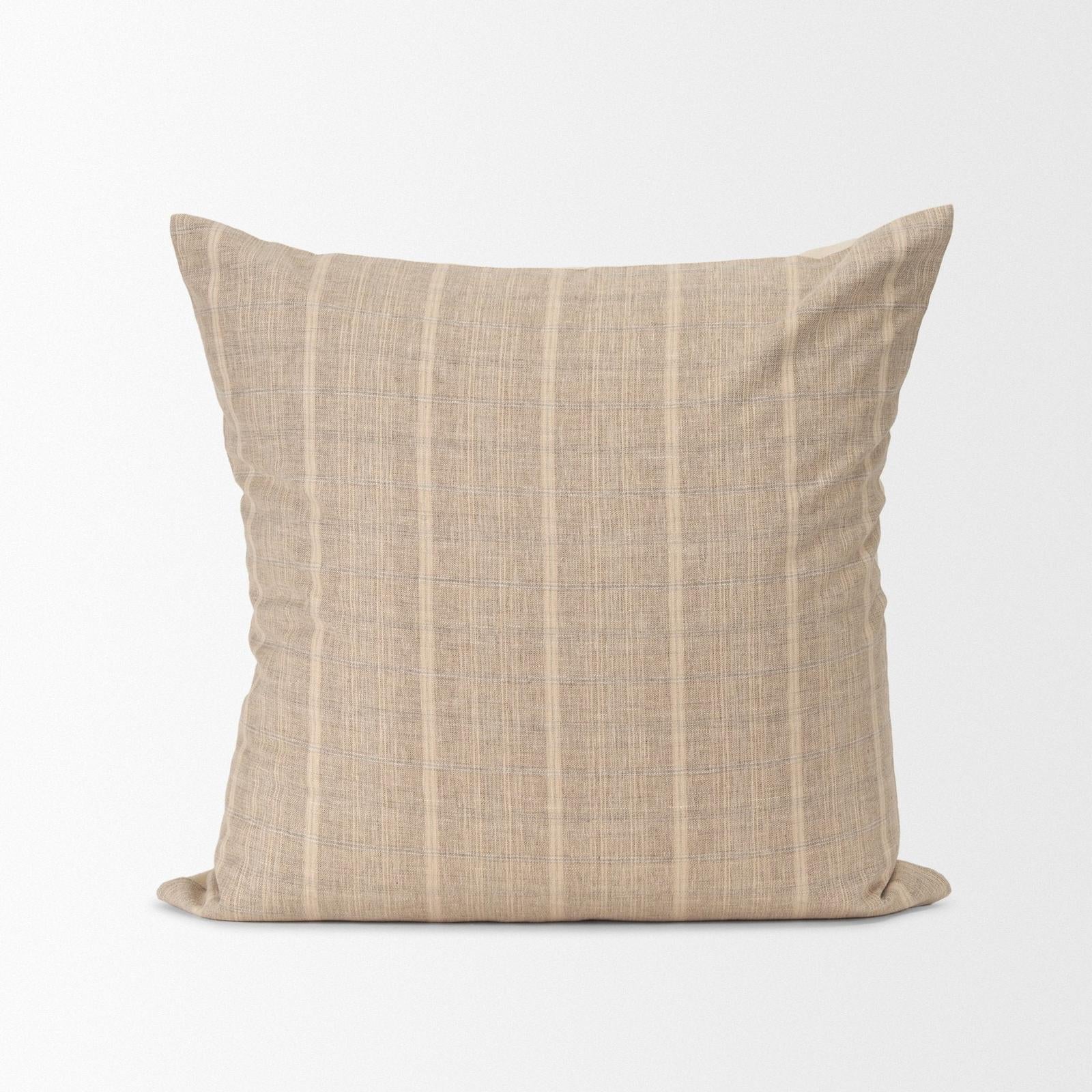Mercana Jensen Beige and Gray Plaid Cotton-Linen Decorative Square Pillow Cover