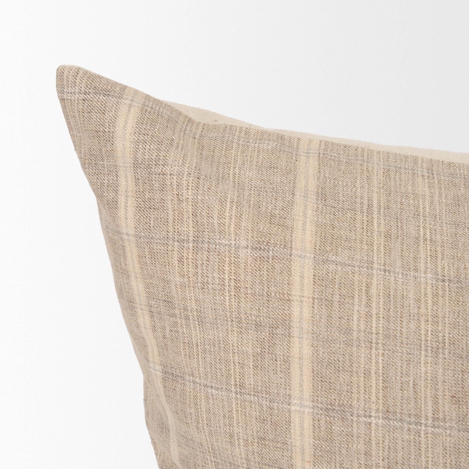 Mercana Jensen Beige and Gray Plaid Cotton-Linen Decorative Square Pillow Cover