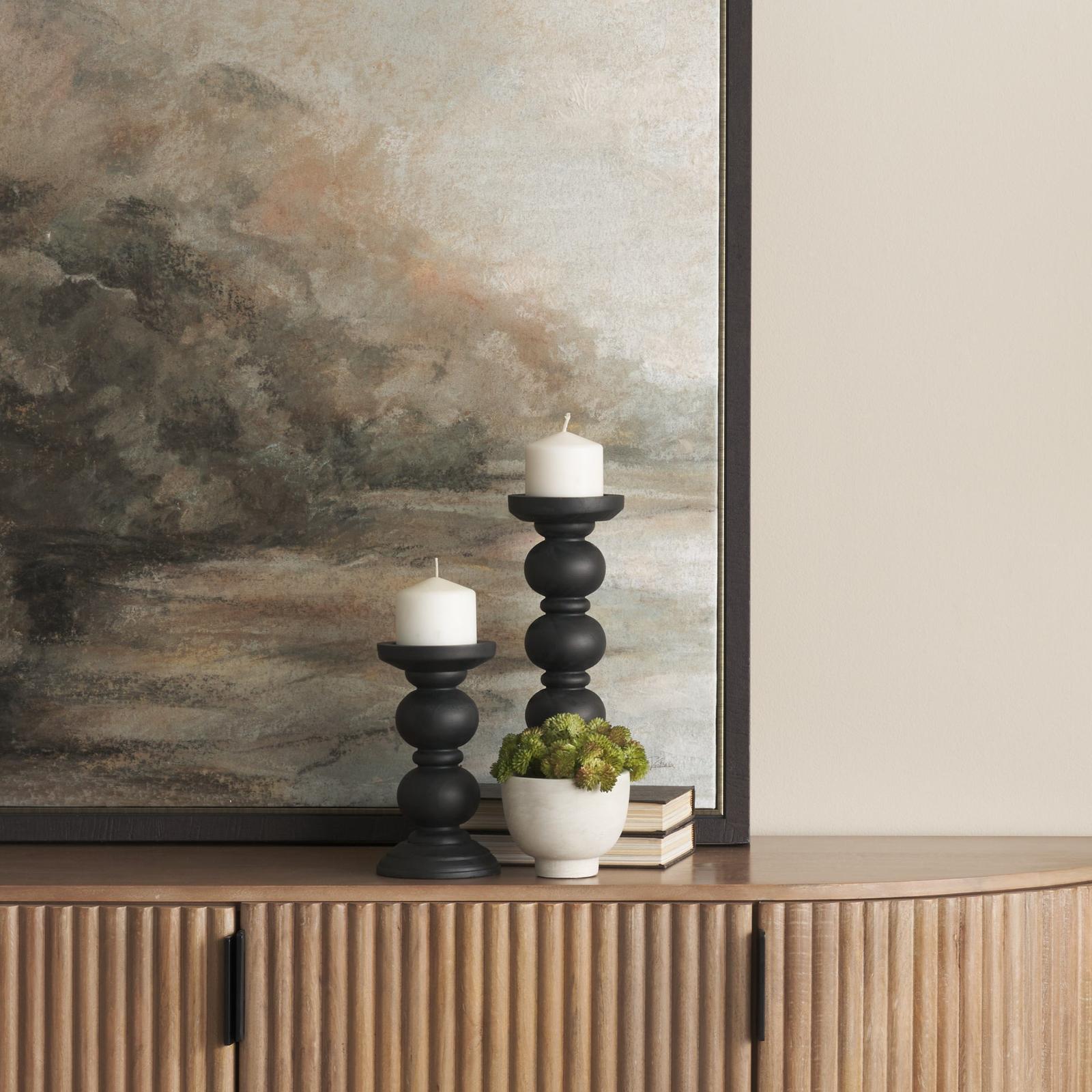 Mercana Wanda Matte Black Wood Pillar Candle Holders - Set of 2 Clearance