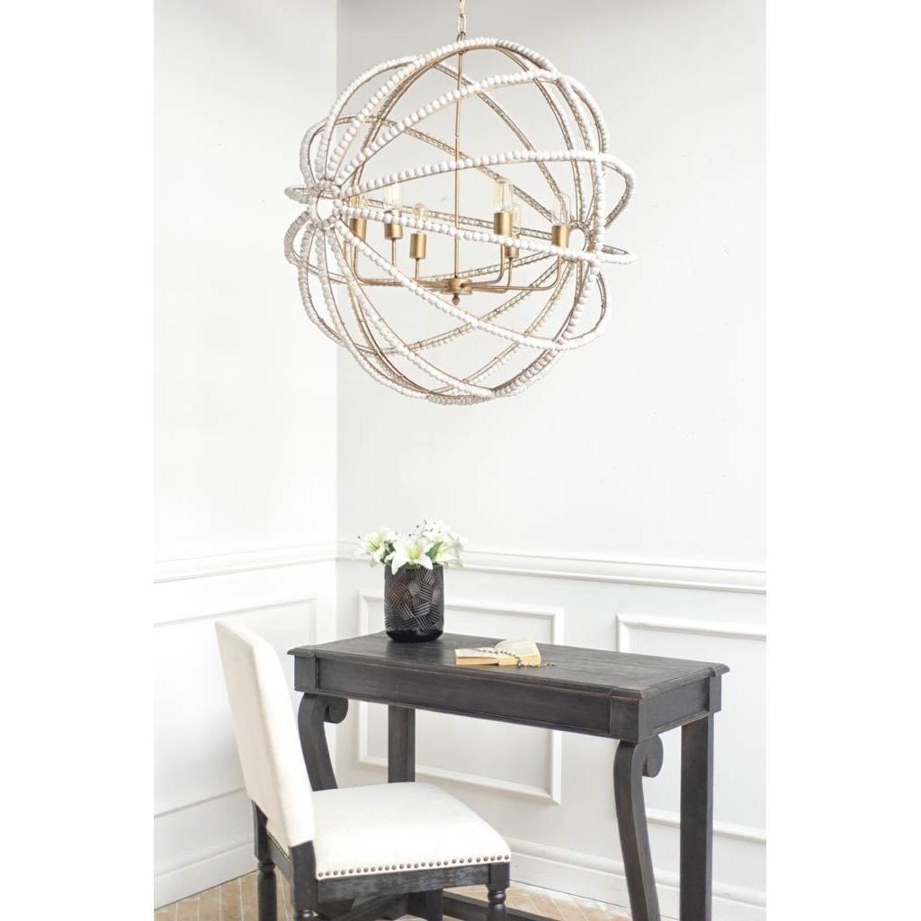 Mercana Ava White Gold Metal and White Wood Beaded Six Bulb Chandelier Clearance