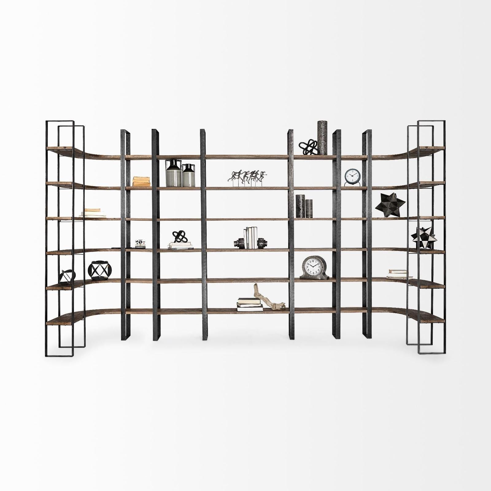 Mercana Turner Curved Wood and Black Iron Six Shelving Unit