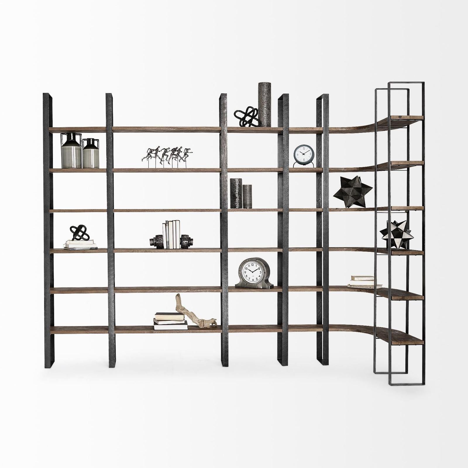 Mercana Turner Curved Wood and Black Iron Six Shelving Unit