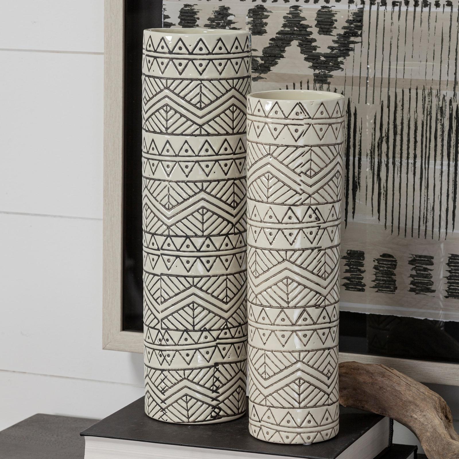 Mercana Uhura Cream Black Patterned Cylindrical Vase Clearance