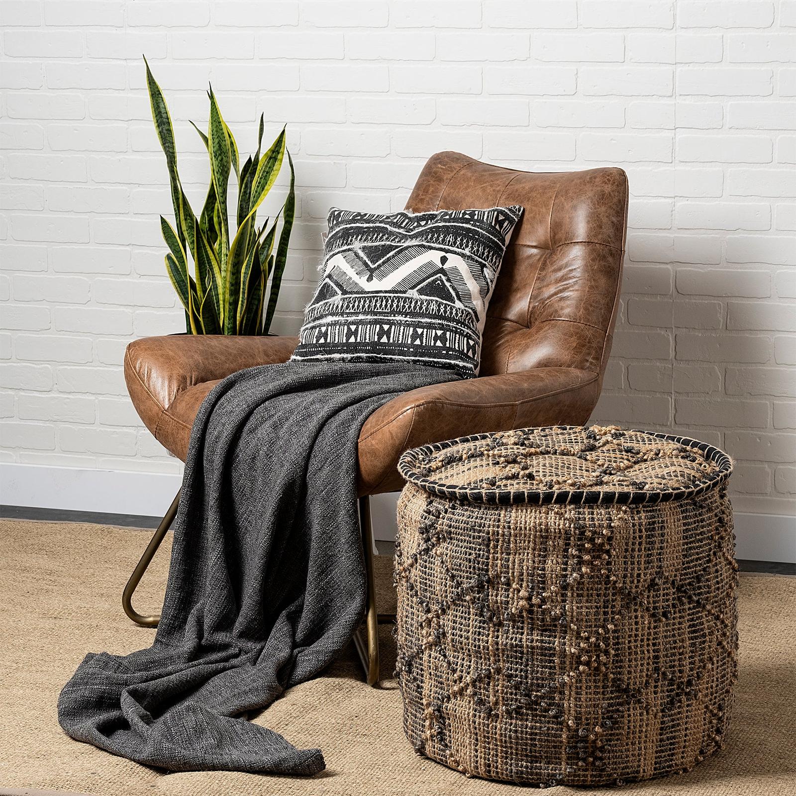 Mercana Riley Tan Jute Popcorn Stich Cylindrical Pouf Clearance