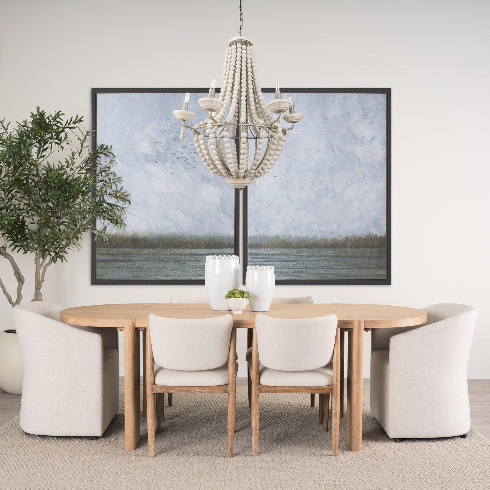 Mercana Phillum Silver Metal Chassis and White Wood Beaded Six Bulb Chandelier Clearance