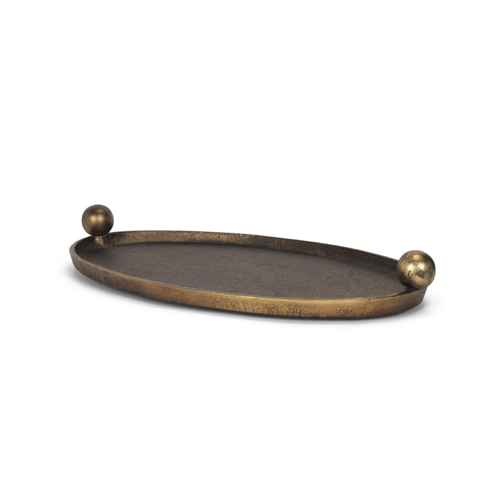 Mercana Jianna Oval Textured Antiqued Gold Metal Tray with Handles