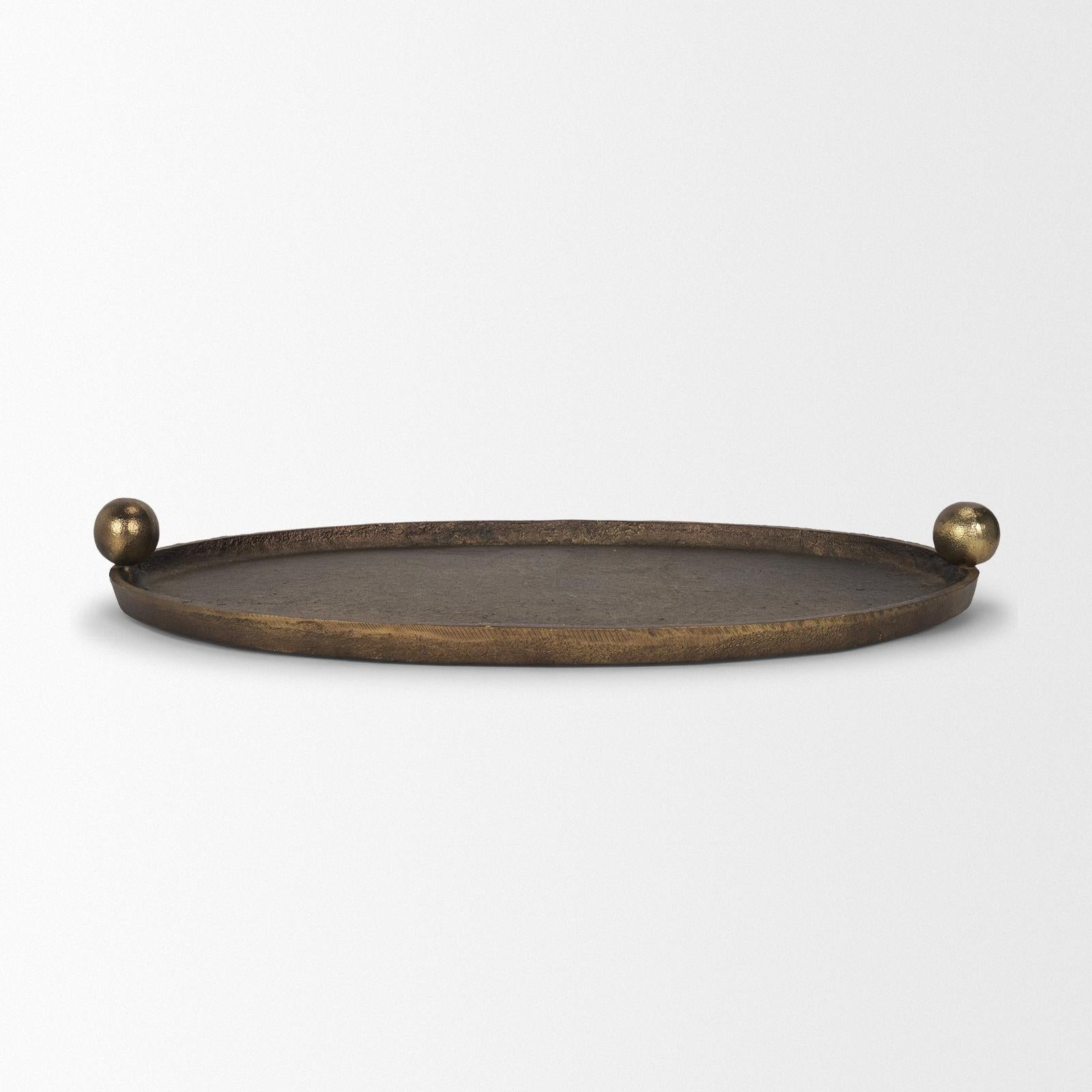 Mercana Jianna Oval Textured Antiqued Gold Metal Tray with Handles
