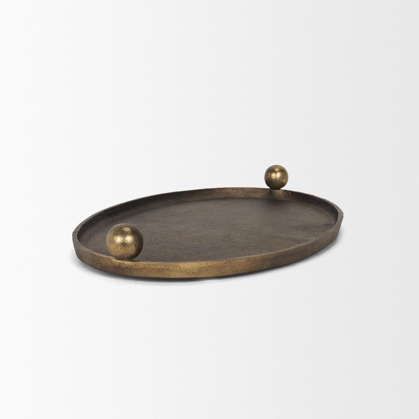 Mercana Jianna Oval Textured Antiqued Gold Metal Tray with Handles