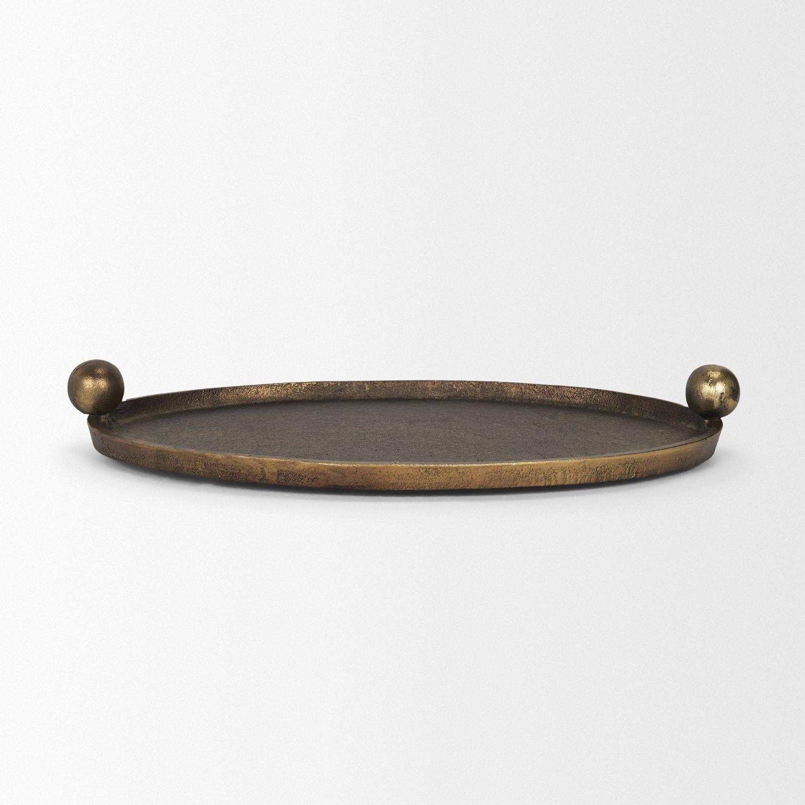 Mercana Jianna Oval Textured Antiqued Gold Metal Tray with Handles