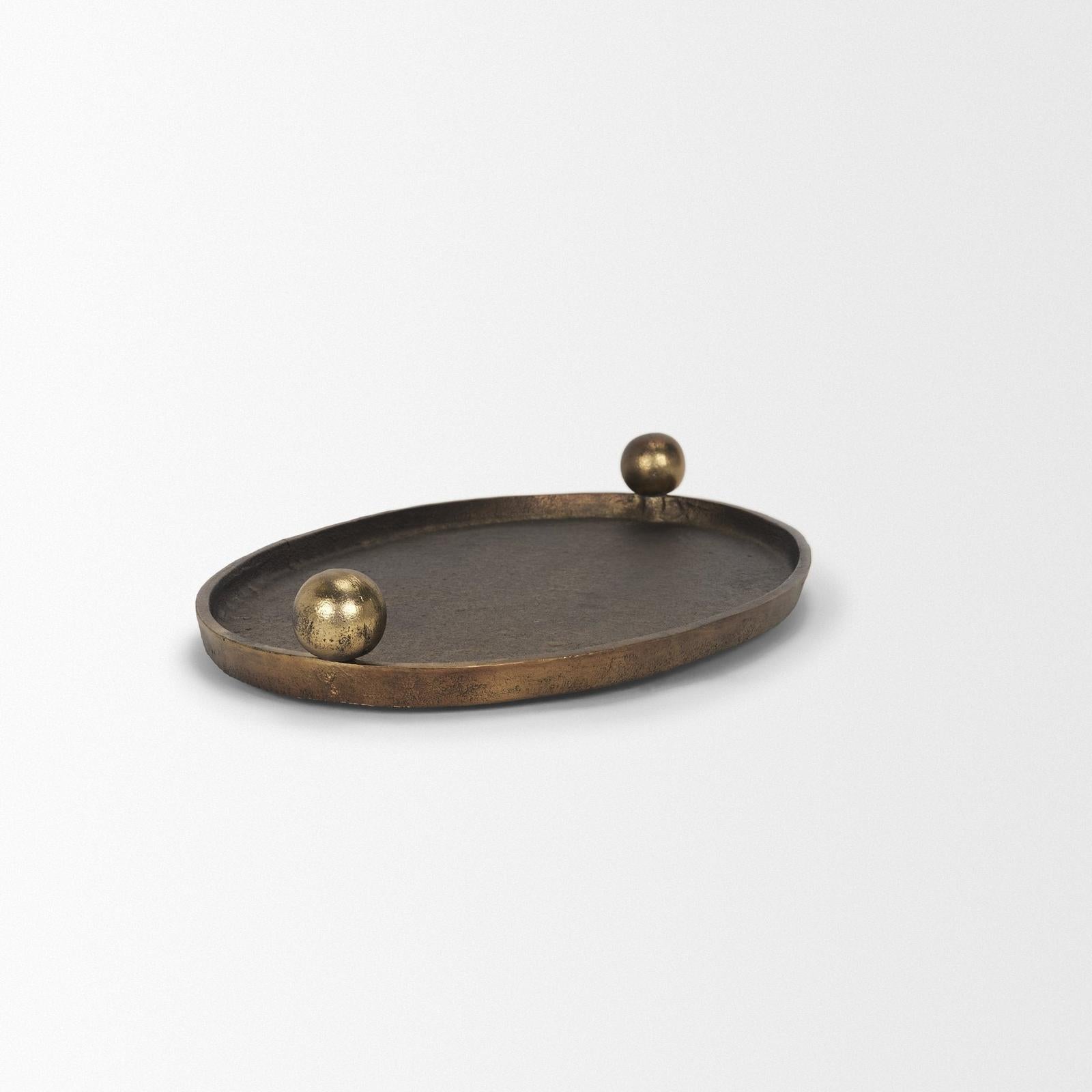 Mercana Jianna Oval Textured Antiqued Gold Metal Tray with Handles