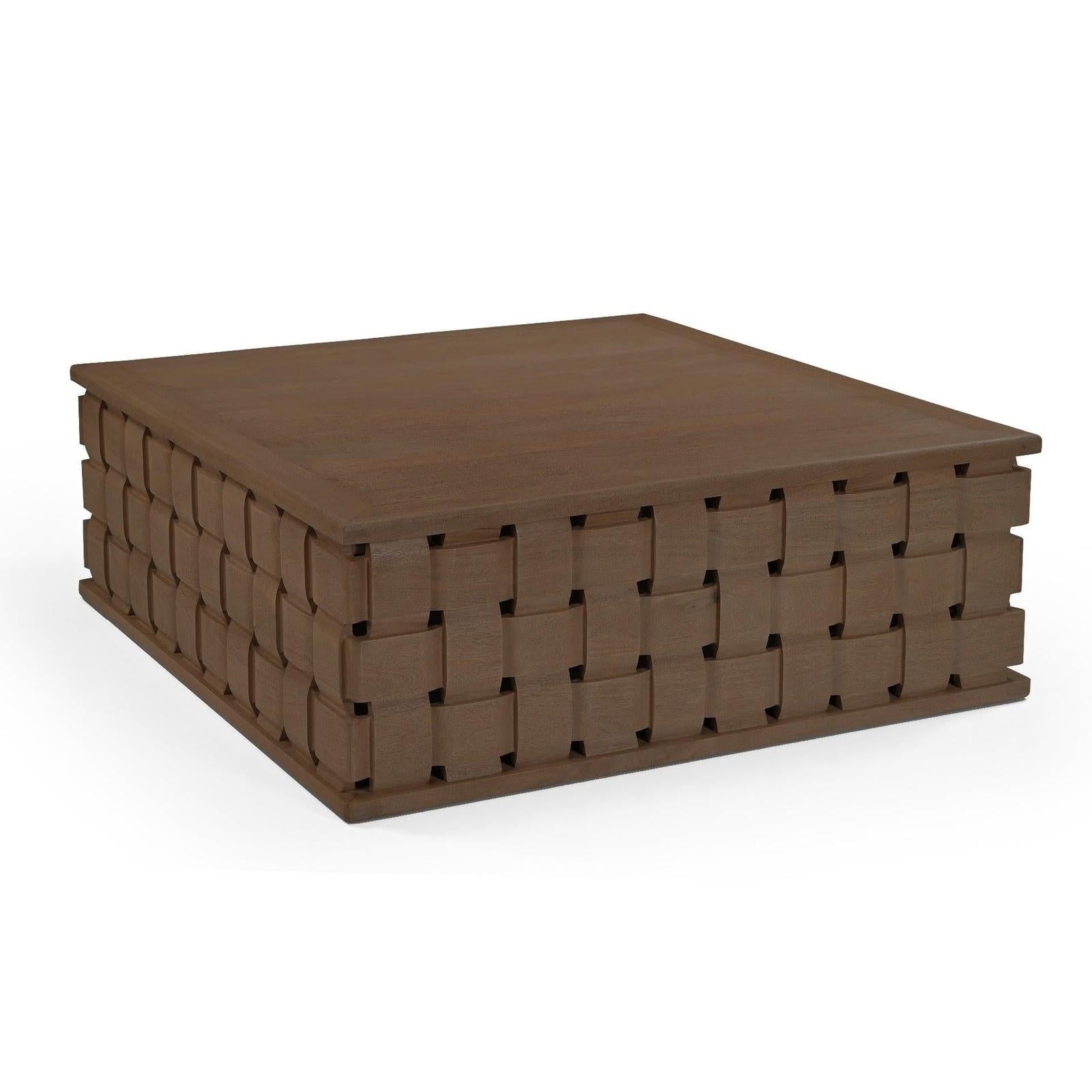 Mercana Trellyn Dark Brown Wood w/ Carved Woven Base Square Coffee Table