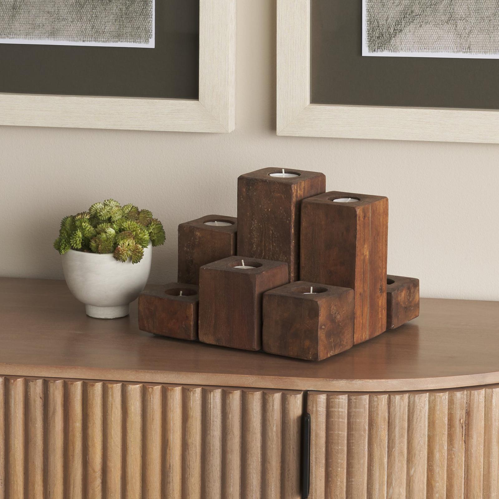 Mercana Cassius Light Brown Nine Wood Block Table Candle Holder