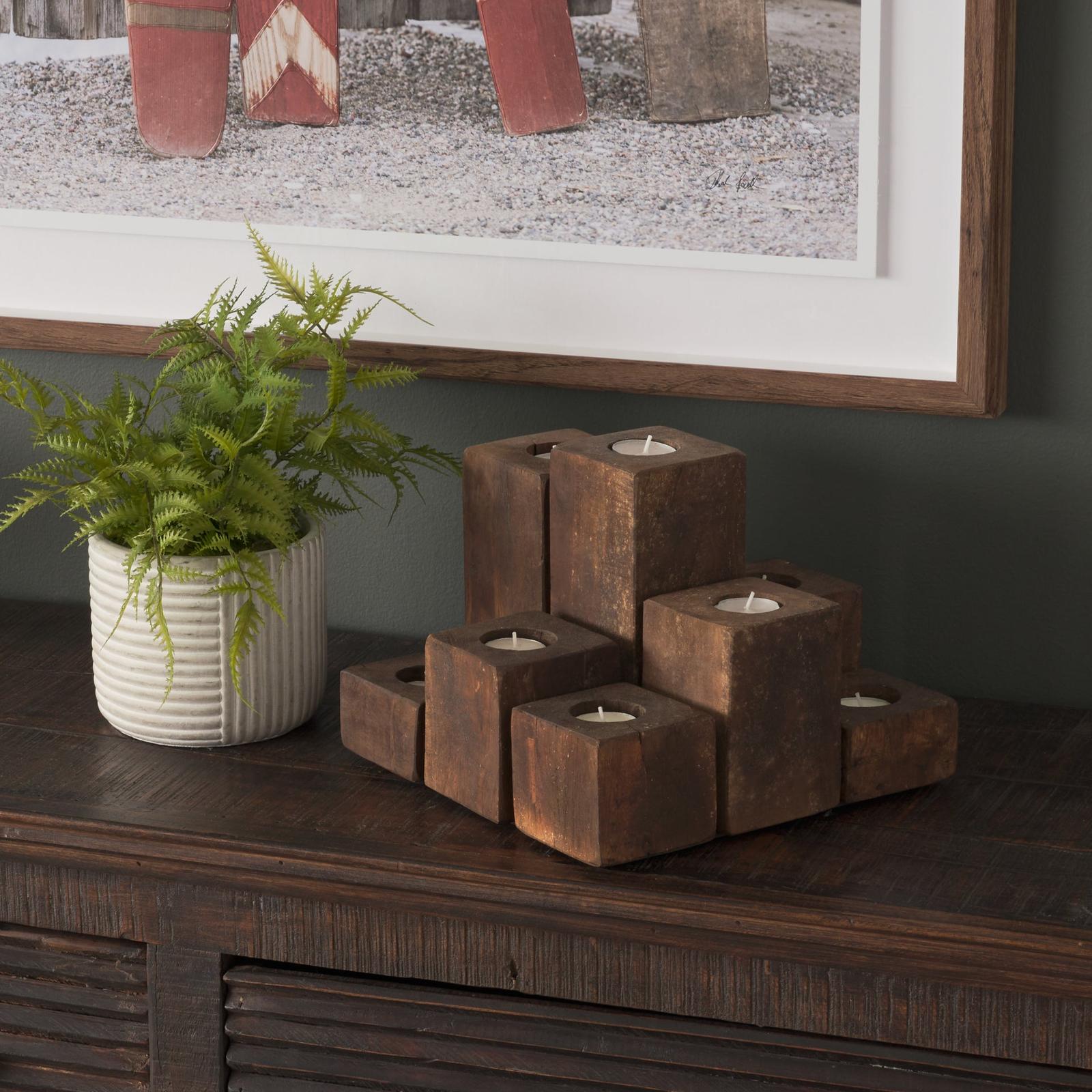 Mercana Cassius Light Brown Nine Wood Block Table Candle Holder