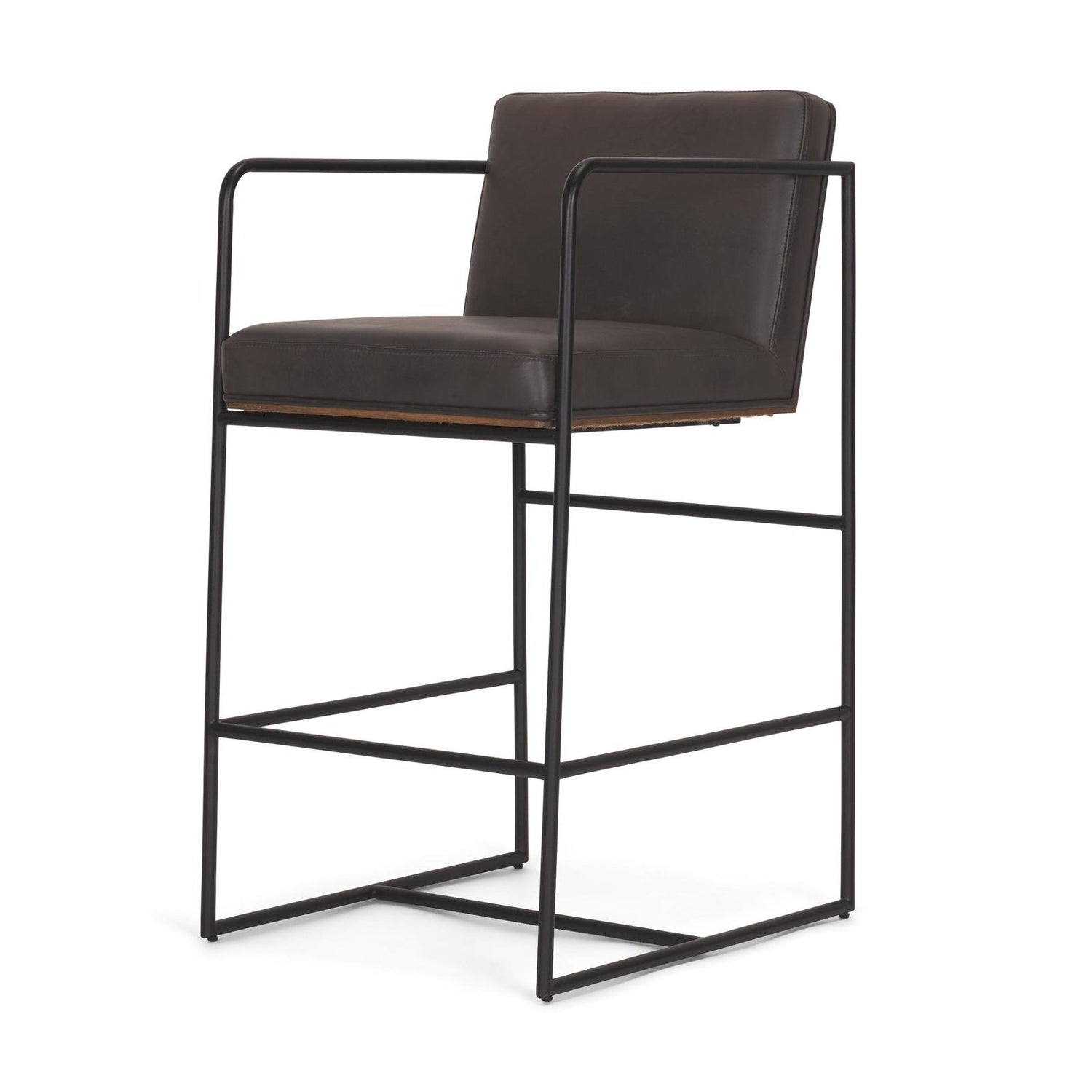 Mercana Stamford Charcoal-Brown Leather Seat w/ Wood Back Metal Counter Stool