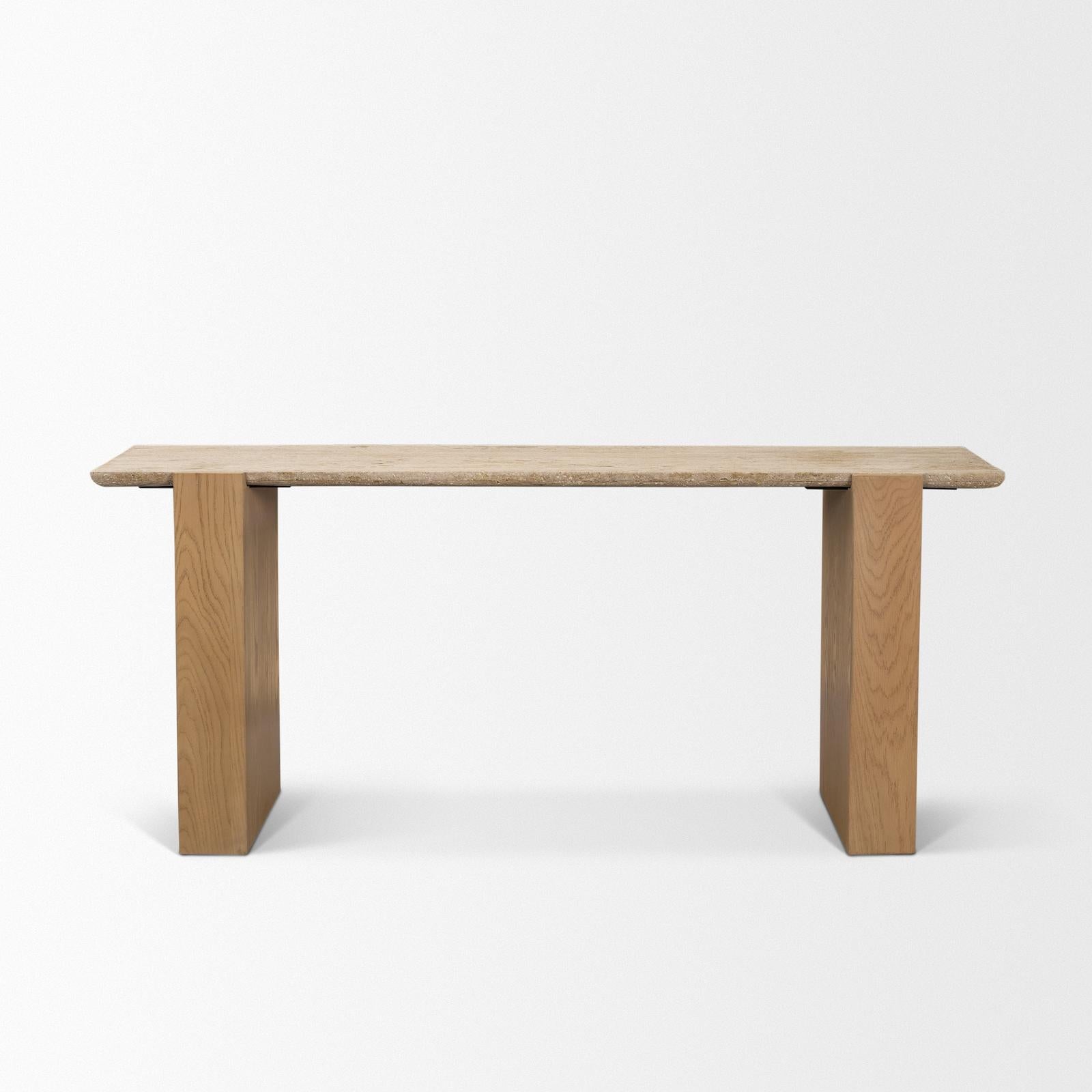 Mercana Milos Travertine Top Oak Wood Console Table