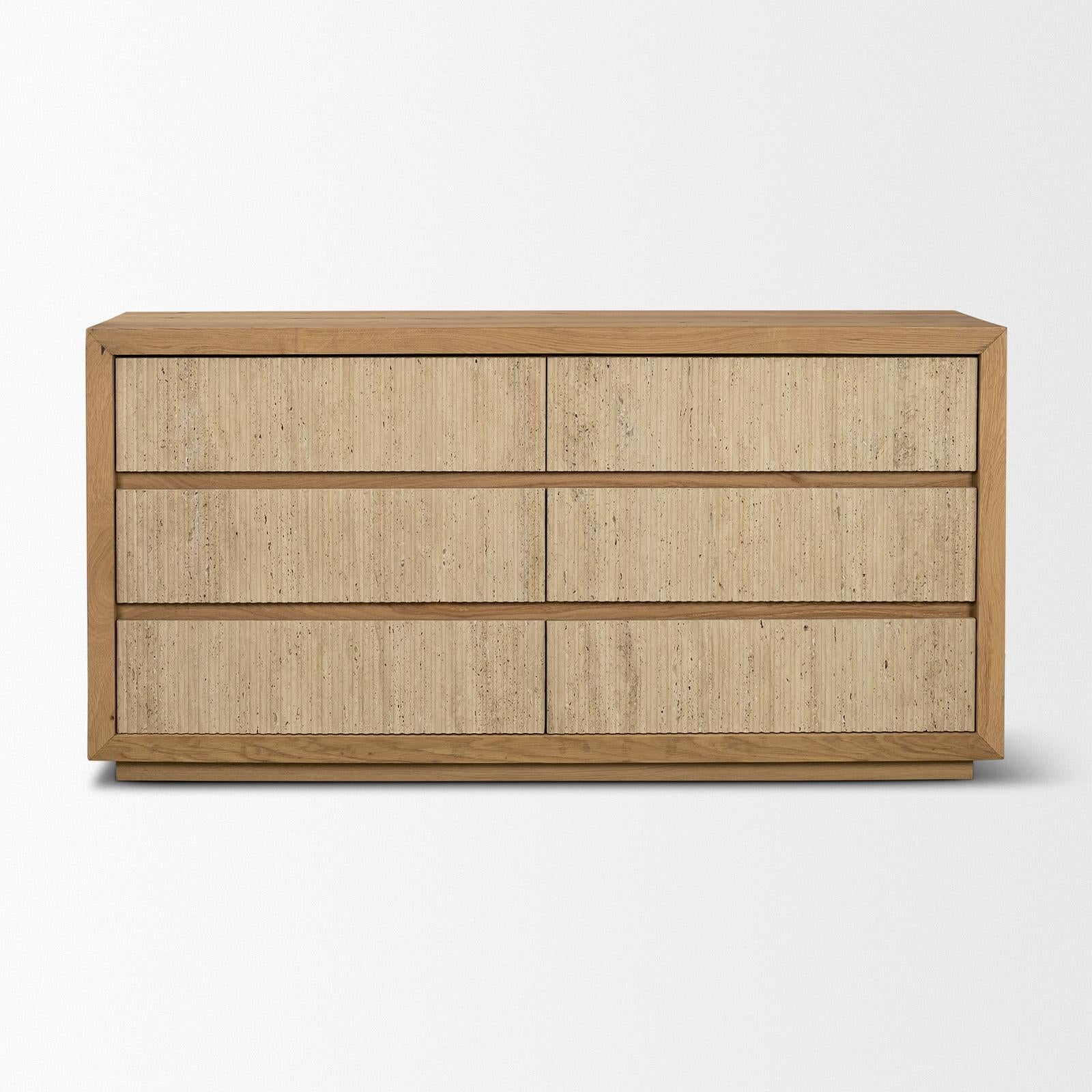 Mercana Travona Oak Wood w/ Travertine 6 Drawer Dresser