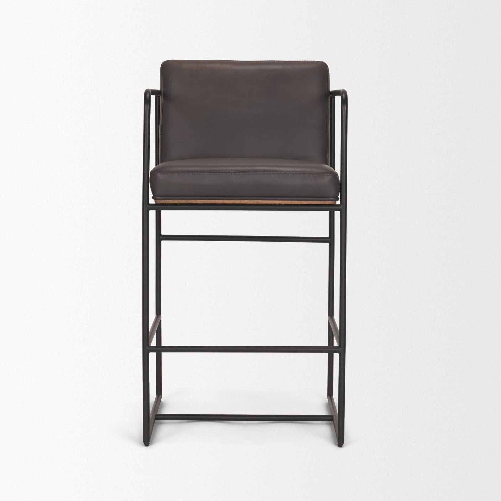 Mercana Stamford Charcoal-Brown Leather Seat w/ Wood Back Metal Counter Stool