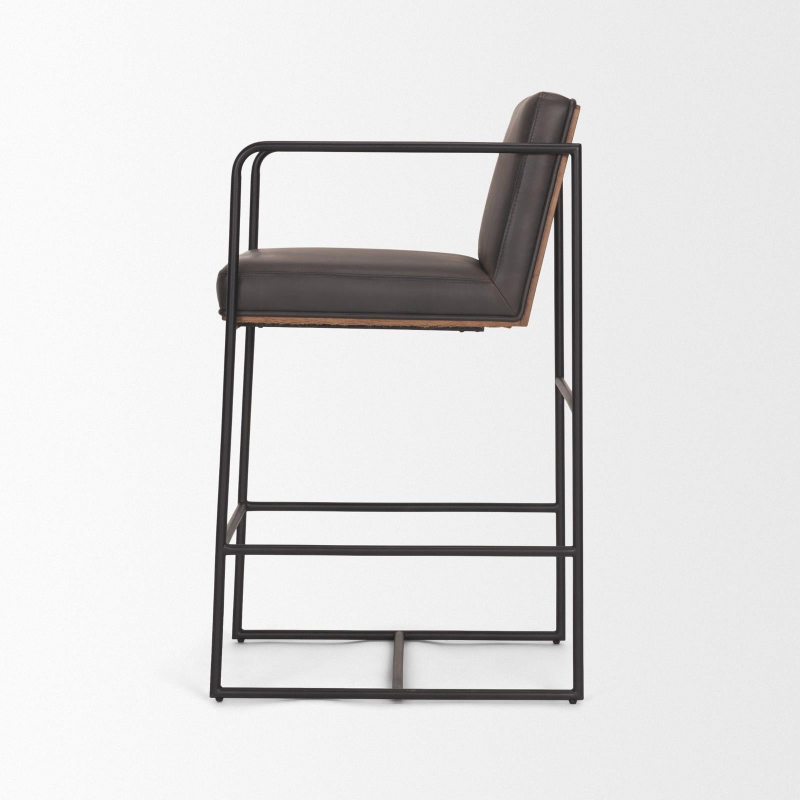 Mercana Stamford Charcoal-Brown Leather Seat w/ Wood Back Metal Counter Stool