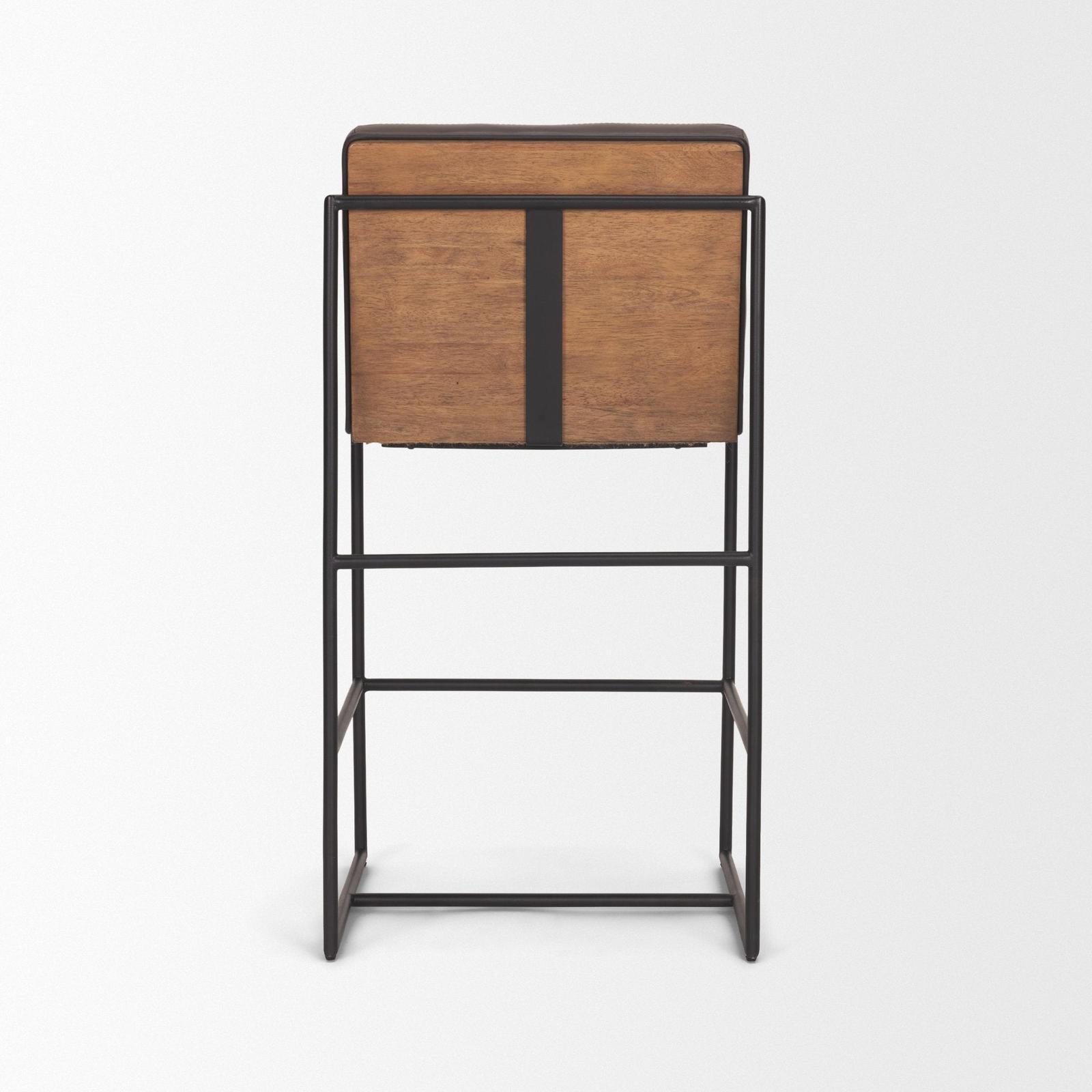 Mercana Stamford Charcoal-Brown Leather Seat w/ Wood Back Metal Counter Stool
