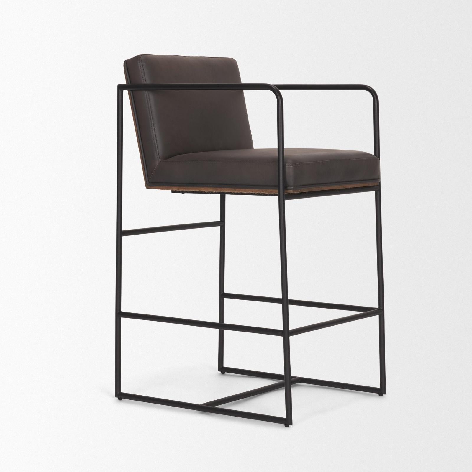 Mercana Stamford Charcoal-Brown Leather Seat w/ Wood Back Metal Counter Stool