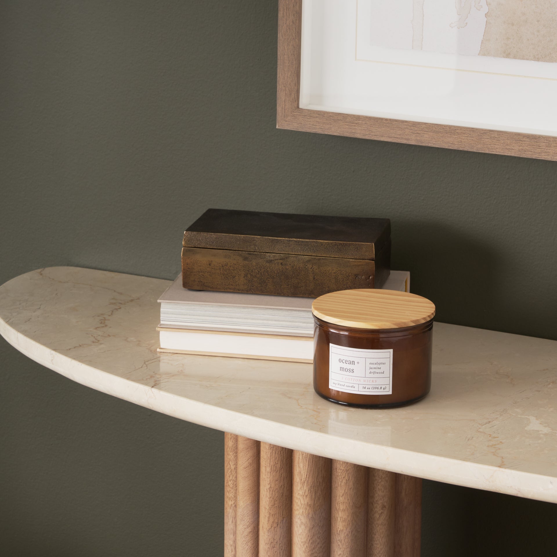 Mercana Marbrello Marble Top  Fluted Wood Half Moon Console Table