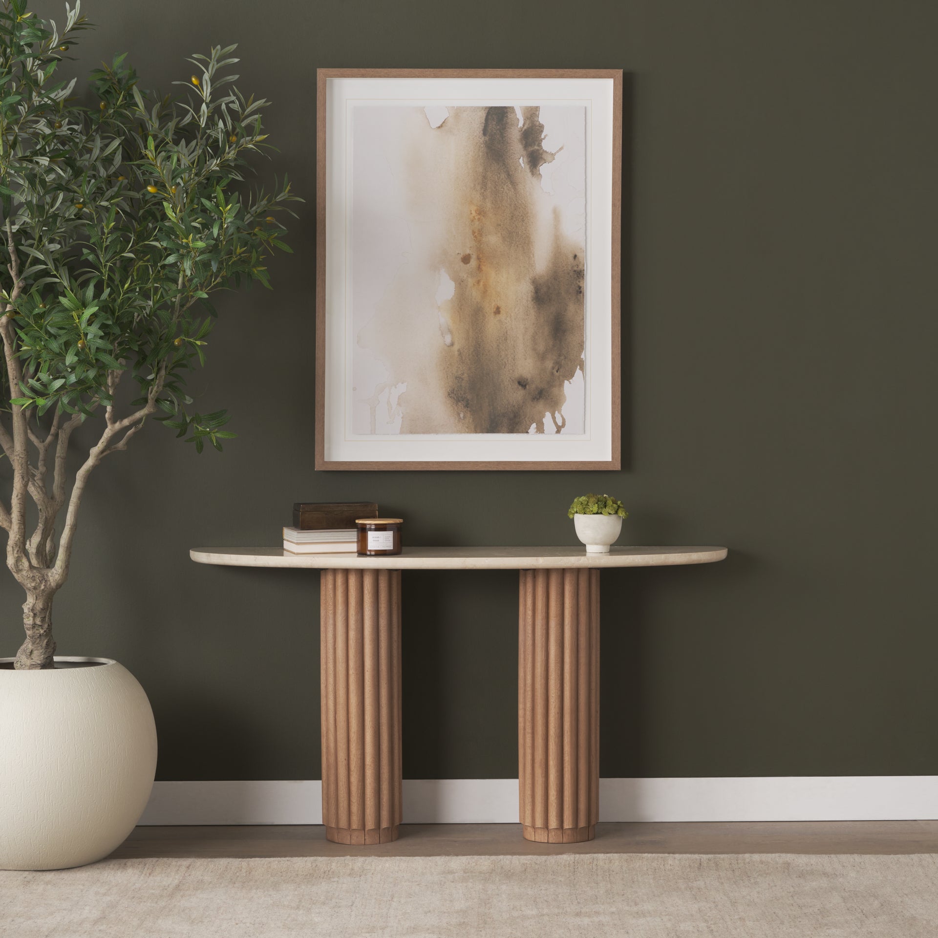 Mercana Marbrello Marble Top  Fluted Wood Half Moon Console Table