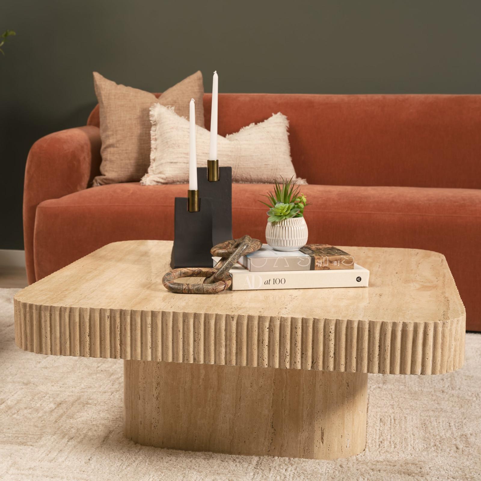 Mercana Tavora Ribbed Square Travertine Coffee Table