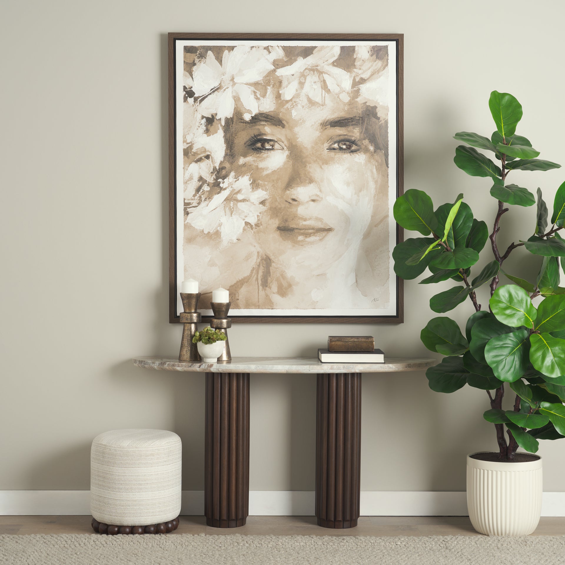 Mercana Marbrello Marble Top  Fluted Wood Half Moon Console Table