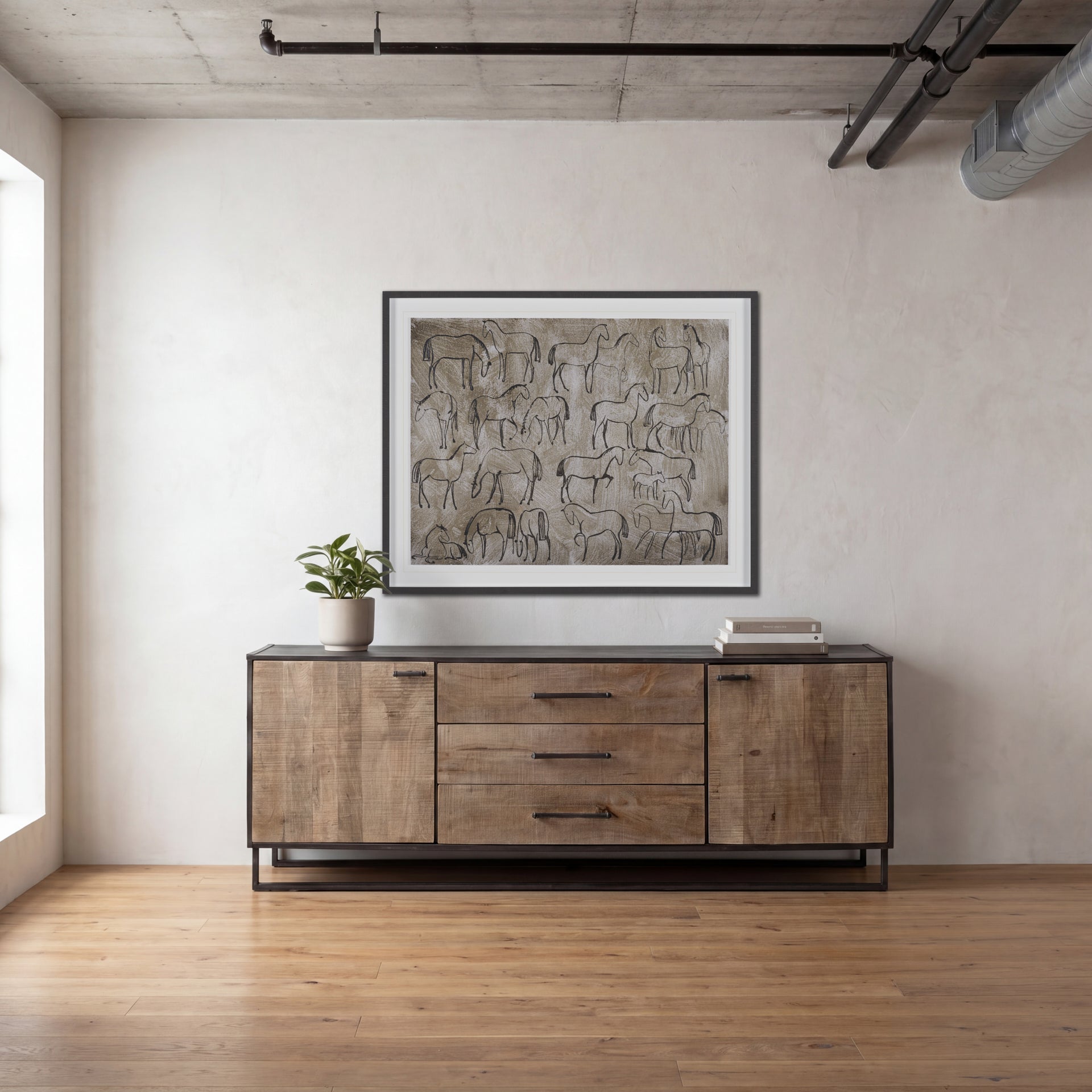 Mercana Alvin  Brown Solid Wood With Black Metal Frame 3 Drawer 2 Cabinet Door Sideboard