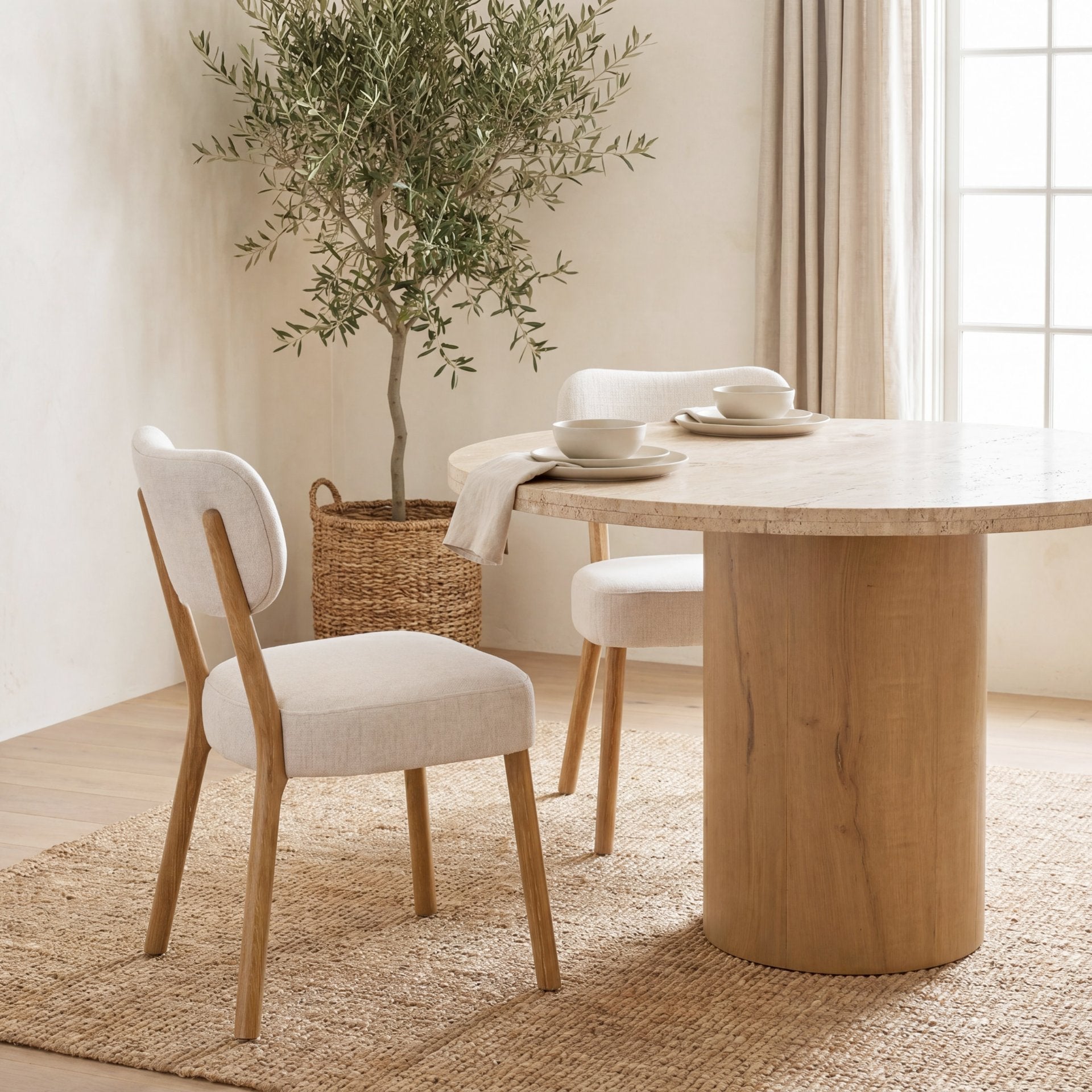 Mercana Owen Dining Chair W/ Medium Brown Wood and Beige Fabric