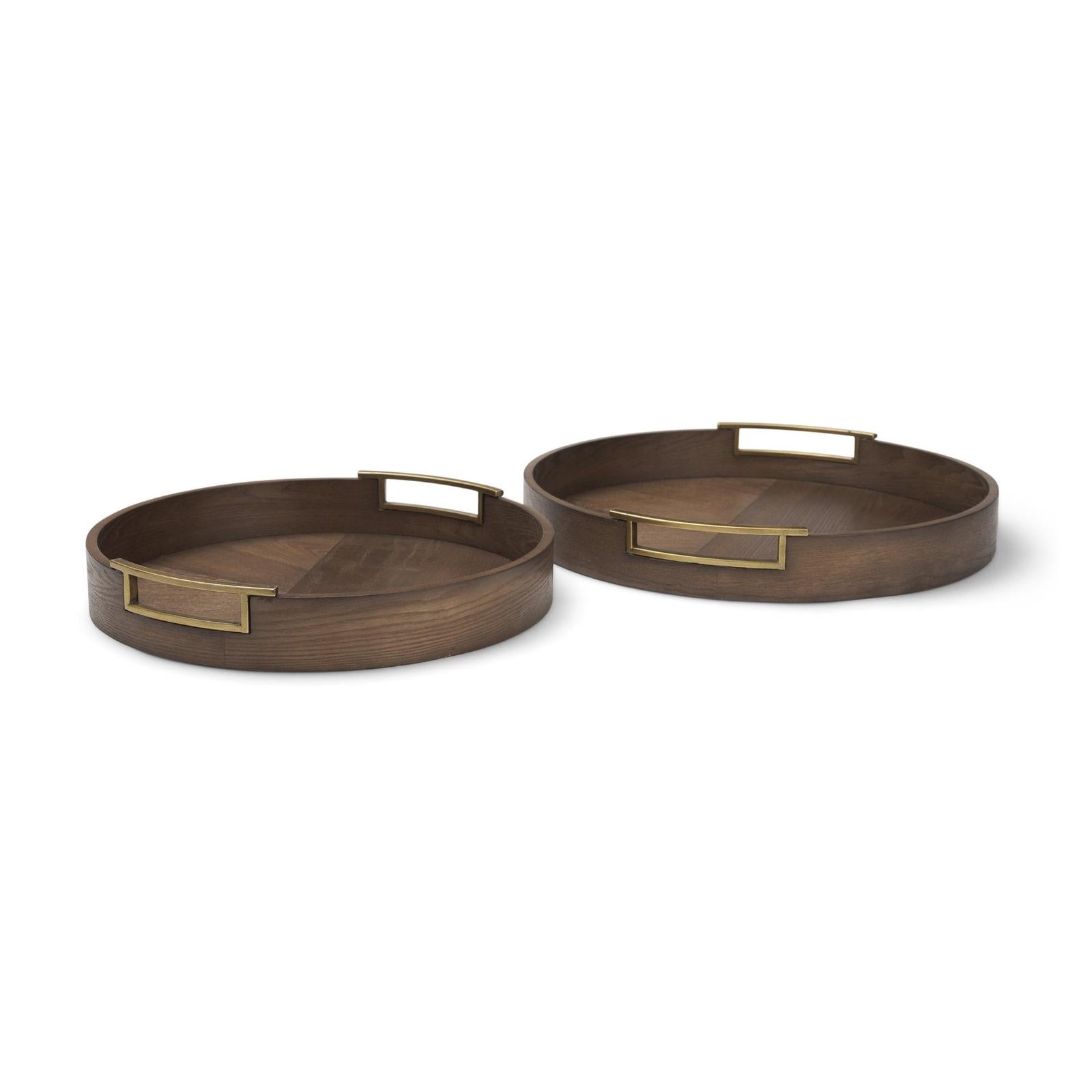Mercana Langford Walnut Wood w/ Brass Handles Decorative Tray Set