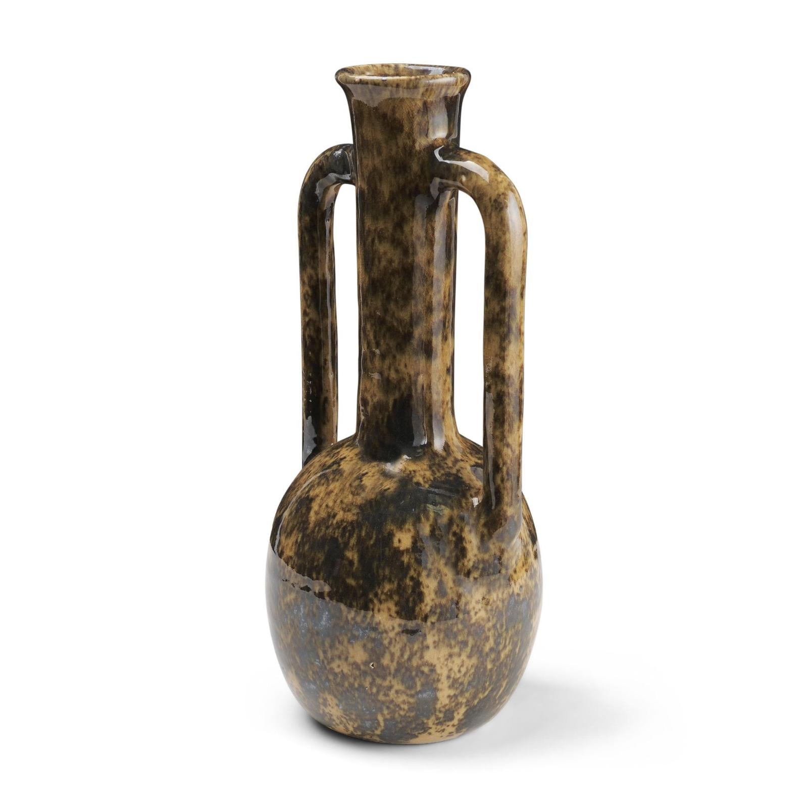 Mercana Aven Mottled Brown Glazed Ceramic Tall Neck Decorative Vase w/ Handles